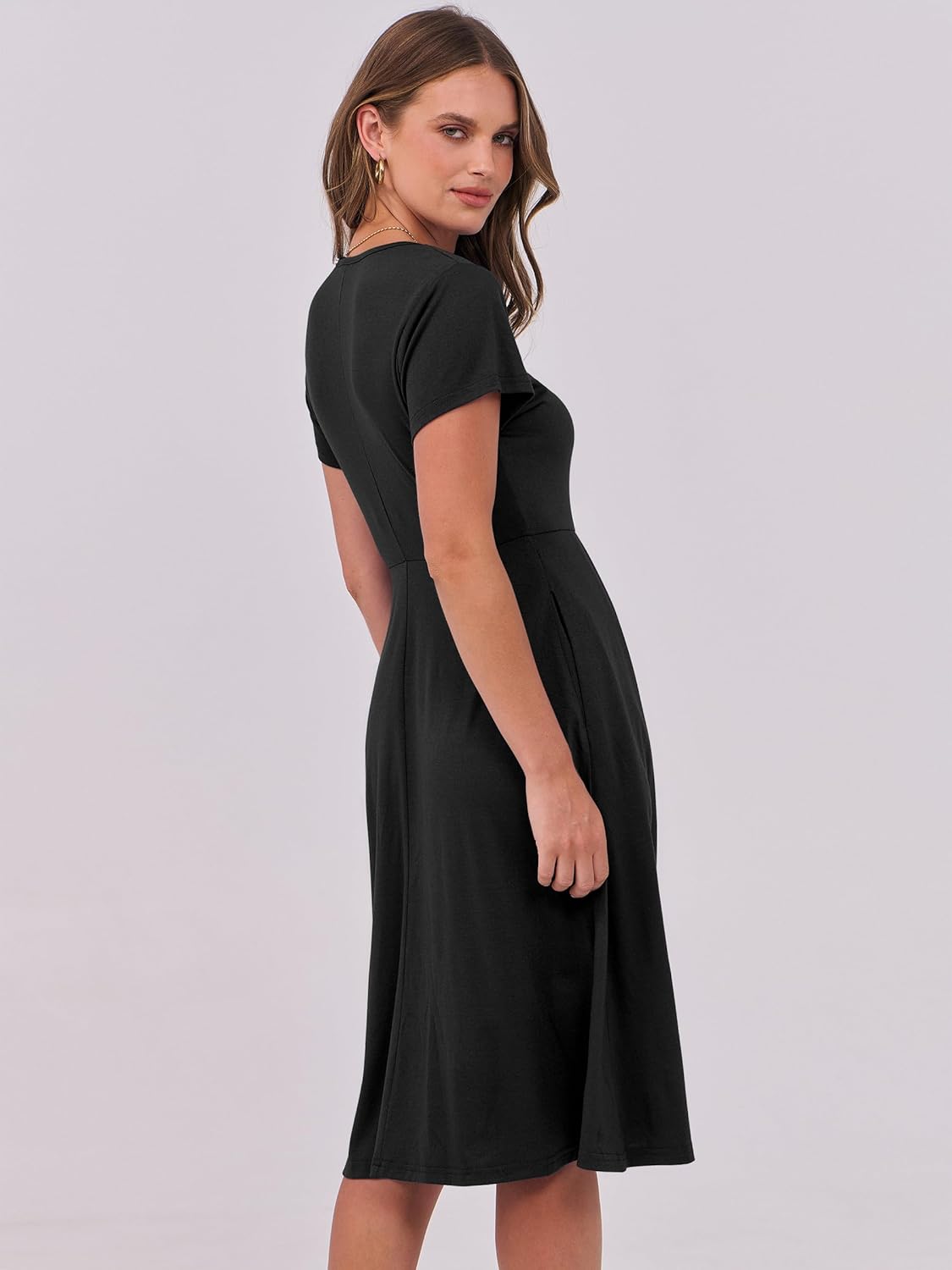 ANRABESS Women Summer Dress Casual Short Sleeve V Neck A-Line Knee Length Pleated Flowy 2026 Fashion Midi Dresses with Pocket - Image 6