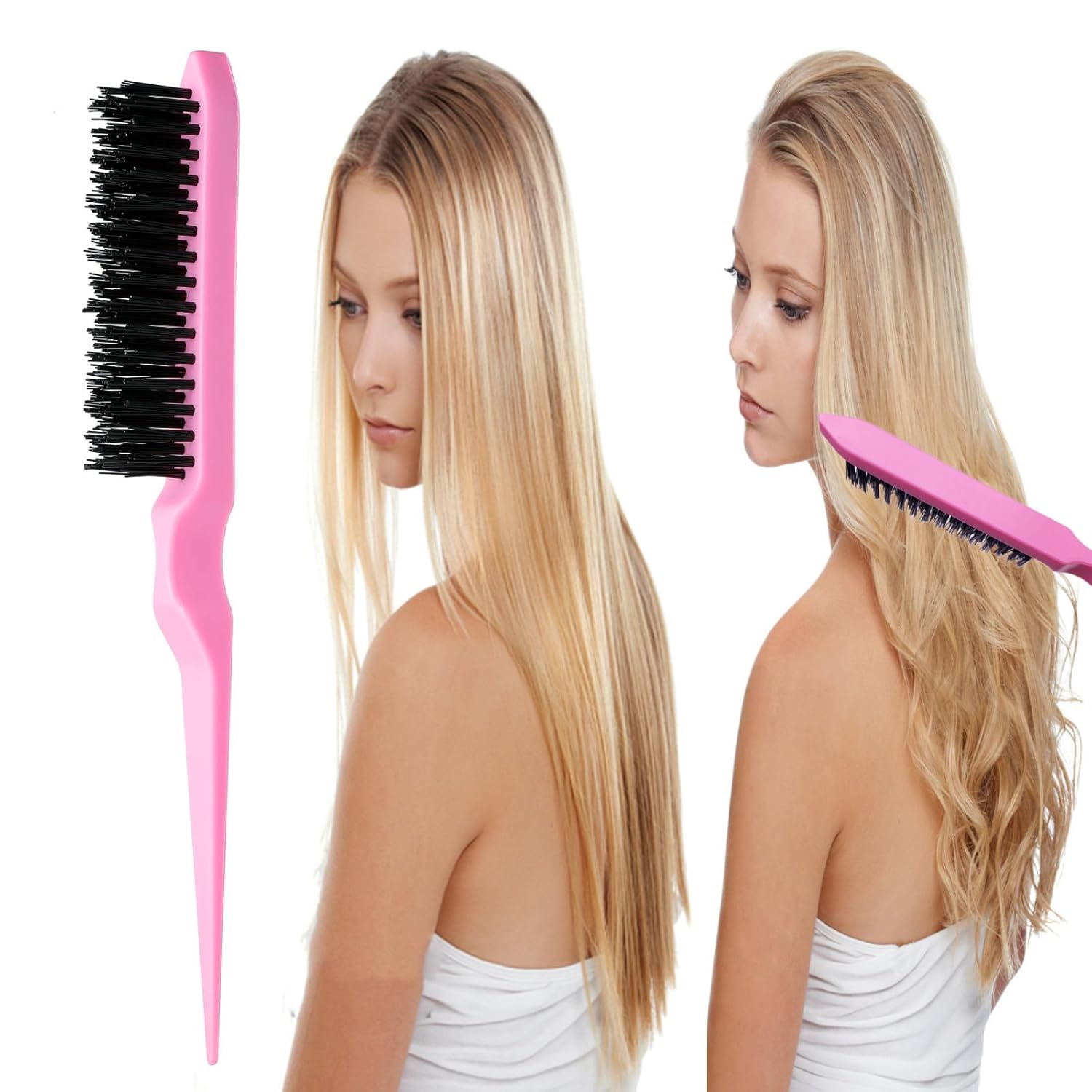 ZVOREI 8Pcs Hair Brushes Set with 4Pcs Topsy Hair Tail Tools 1Pcs Bristle Teasing Hair Brush 1Pcs Edge Control Brush 2Pcs Metal Pin Rat Tail Combs for Woman Girl hair Styling,Edge&Back Brushing,Pink - Image 3