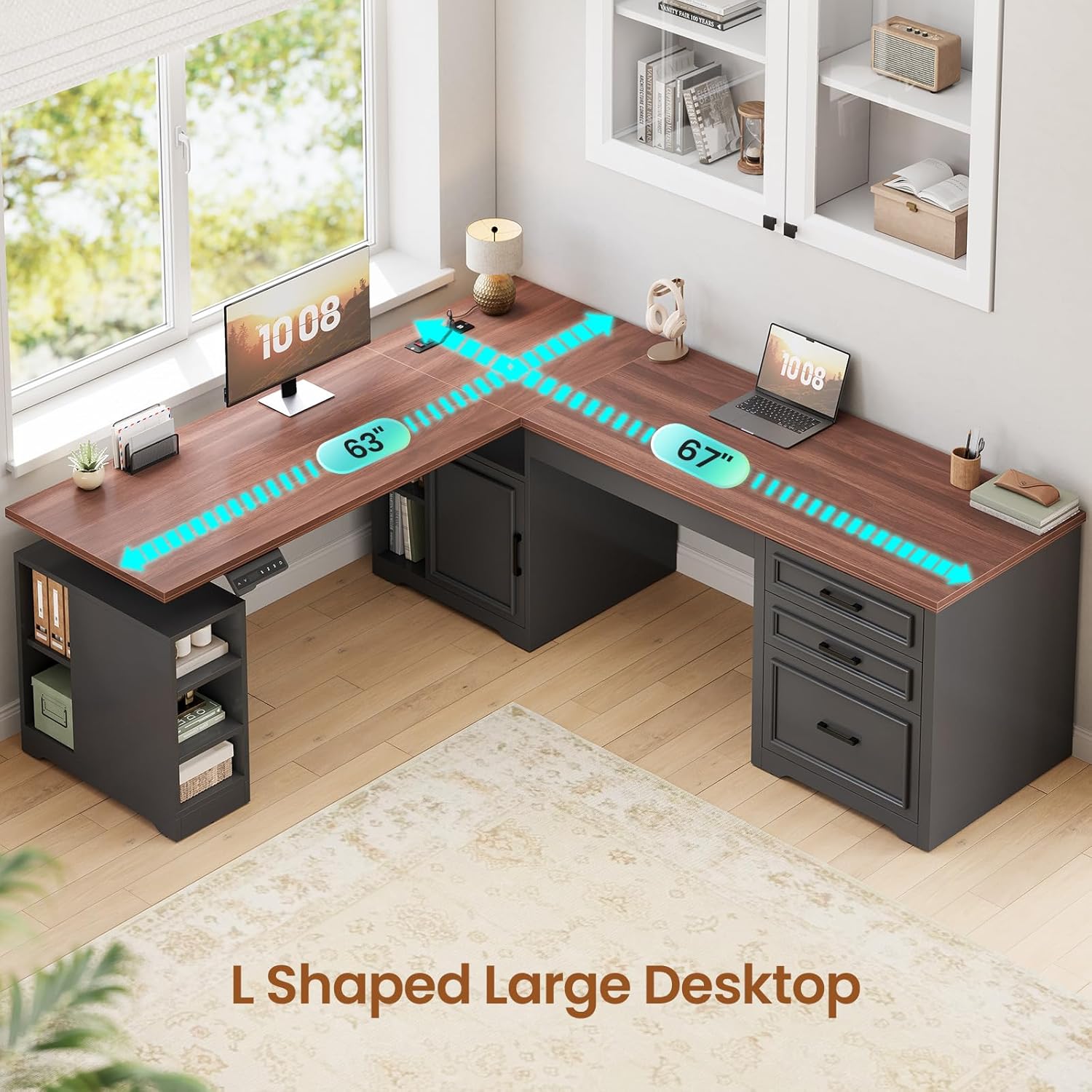 SEDETA Farmhouse L Shaped Electric Standing Desk, 63" x 67" Height Adjustable Home Office Executive Desk with Drawers and Shelves, Standing Computer Desks with Power Outlet for Home Office, Black - Image 5