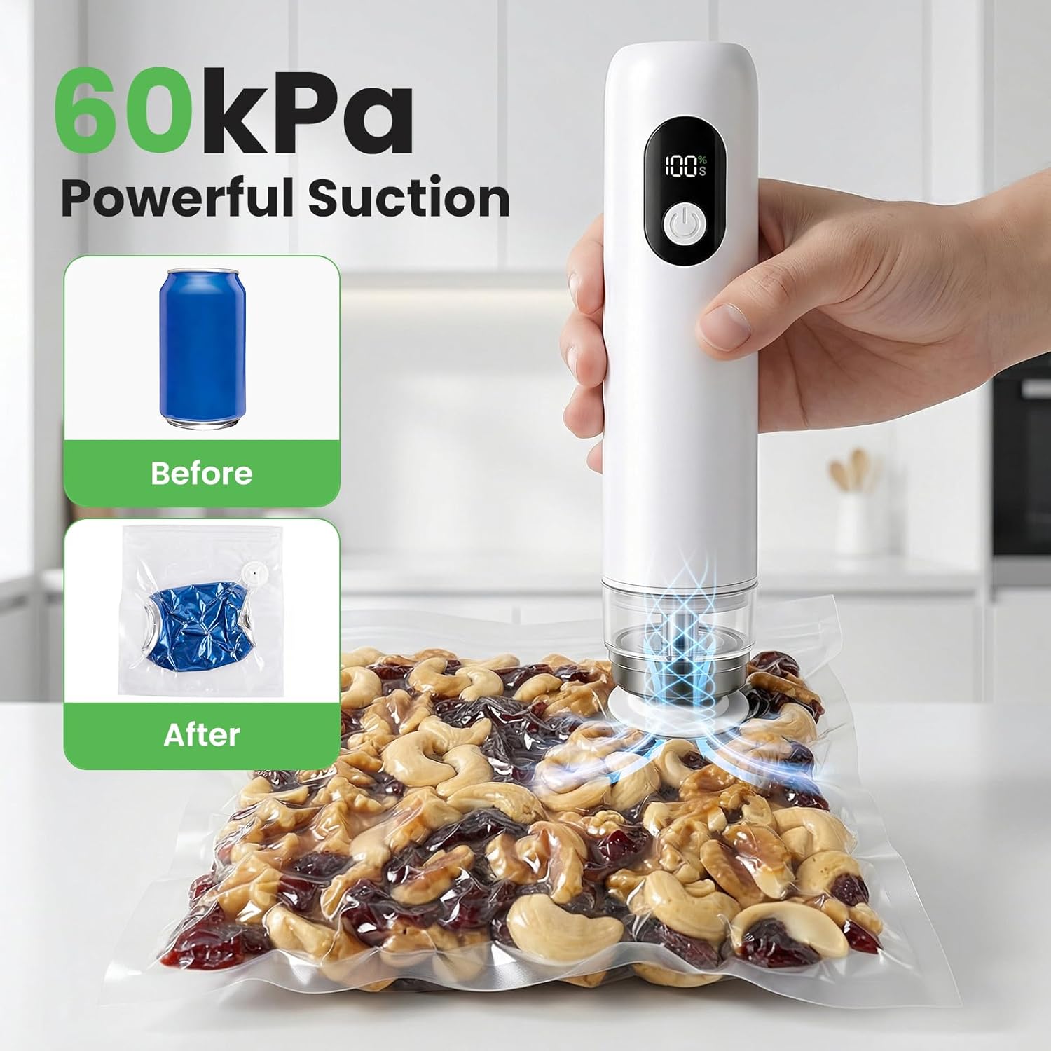 Portable Handheld Vacuum Sealer, Cordless Food Vacuum Sealer Machine for Home & Travel, 1500mAh 60kPa Rechargeable Vacuum Sealer for Food with 30 Bags, for RV, Camping, and Meal Prep - Image 3