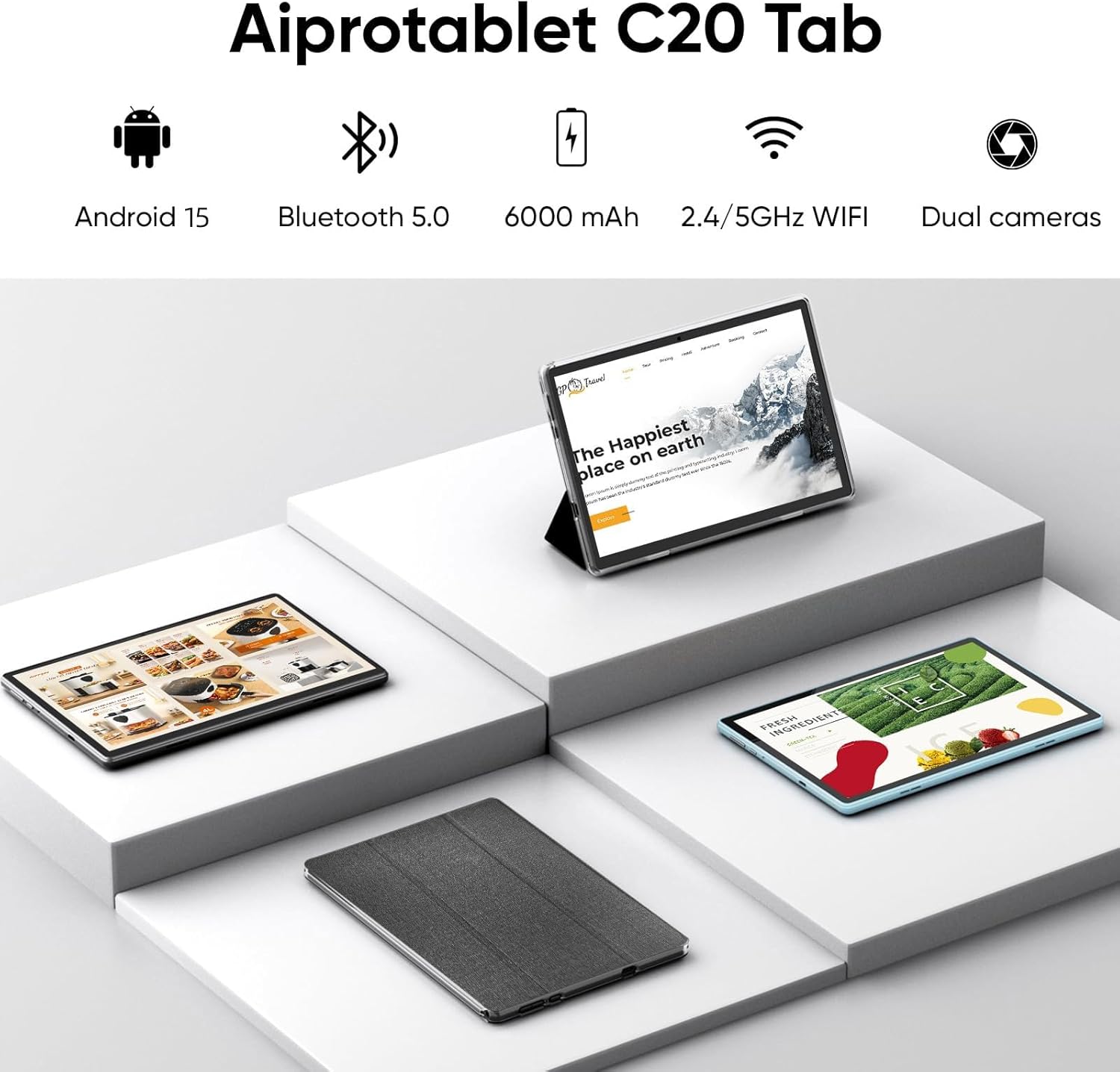 aiprotablet Tablet 10 inch Android 15 Tablets, 12GB RAM 64GB ROM 1TB Expand, Quad-Core Processor, 1280x800 LCD Touch Screen, WiFi 5, Dual Camera, BT5.0, 6000mAh Battery (Black) - Image 2