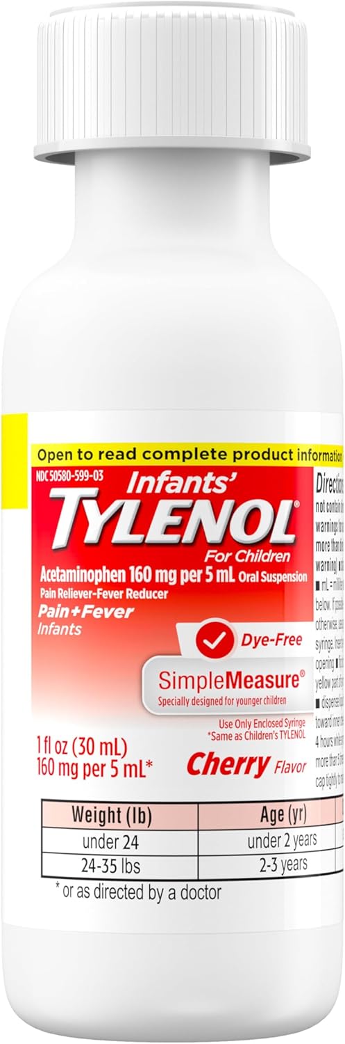 Infants' Tylenol Oral Suspension Liquid Medicine with Acetaminophen, Baby Fever Reducer & Pain Reliever for Minor Aches & Pains, Sore Throat, Headache & Teething Pain, Dye-Free Cherry, 1 fl. oz - Image 8