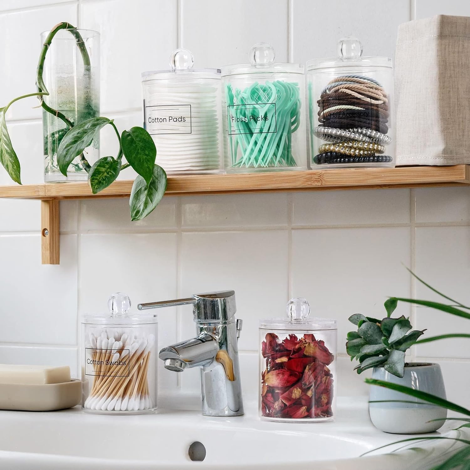 4 Pack Acrylic Qtip Holder Dispenser for Cotton Swabs, Balls, Pads, Floss Picks- Small Clear Acrylic Canister Apothecary Jar Set, Bathroom Essentials Accessories Decor, Vanity Makeup Storage Organizer - Image 6