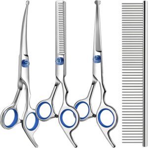 Professional 4 in 1 Dog & Cat Grooming Scissors Kit with Safety Round Tips,Sharp & Durable,Dog Shears for Grooming – Includes Straight, Curved, Thinning Scissors and Comb – Premium Pet Supplies