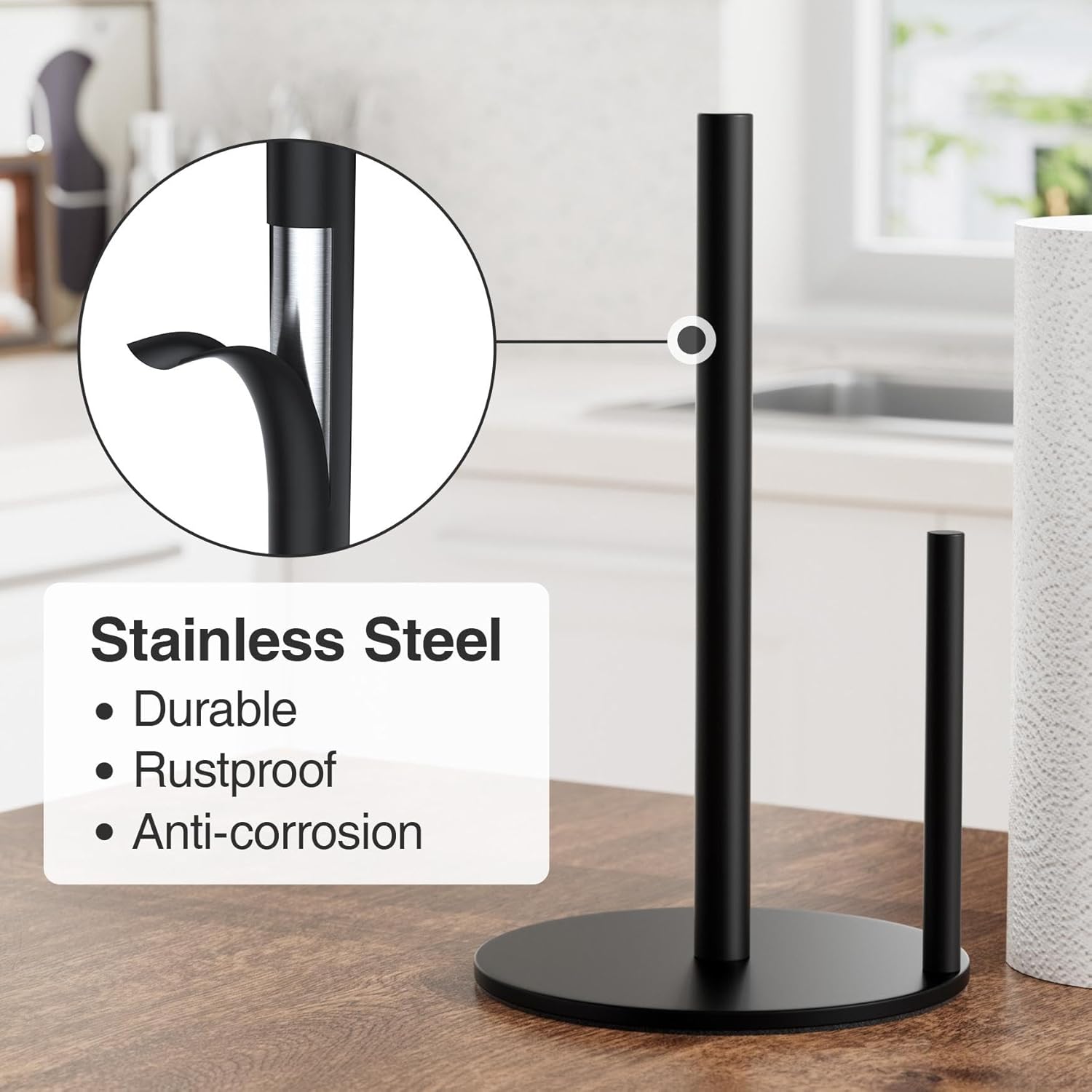 Paper Towel Holder Black, Premium Stainless Steel Kitchen Roll Dispenser, Countertop Roll Organizer with Weighted Base - Image 3