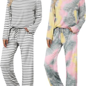 Ekouaer Womens 2 Pack Pajama Set Long Sleeve Pajamas Top and Pants V Neck Pjs Set Soft Loungewear with Pockets