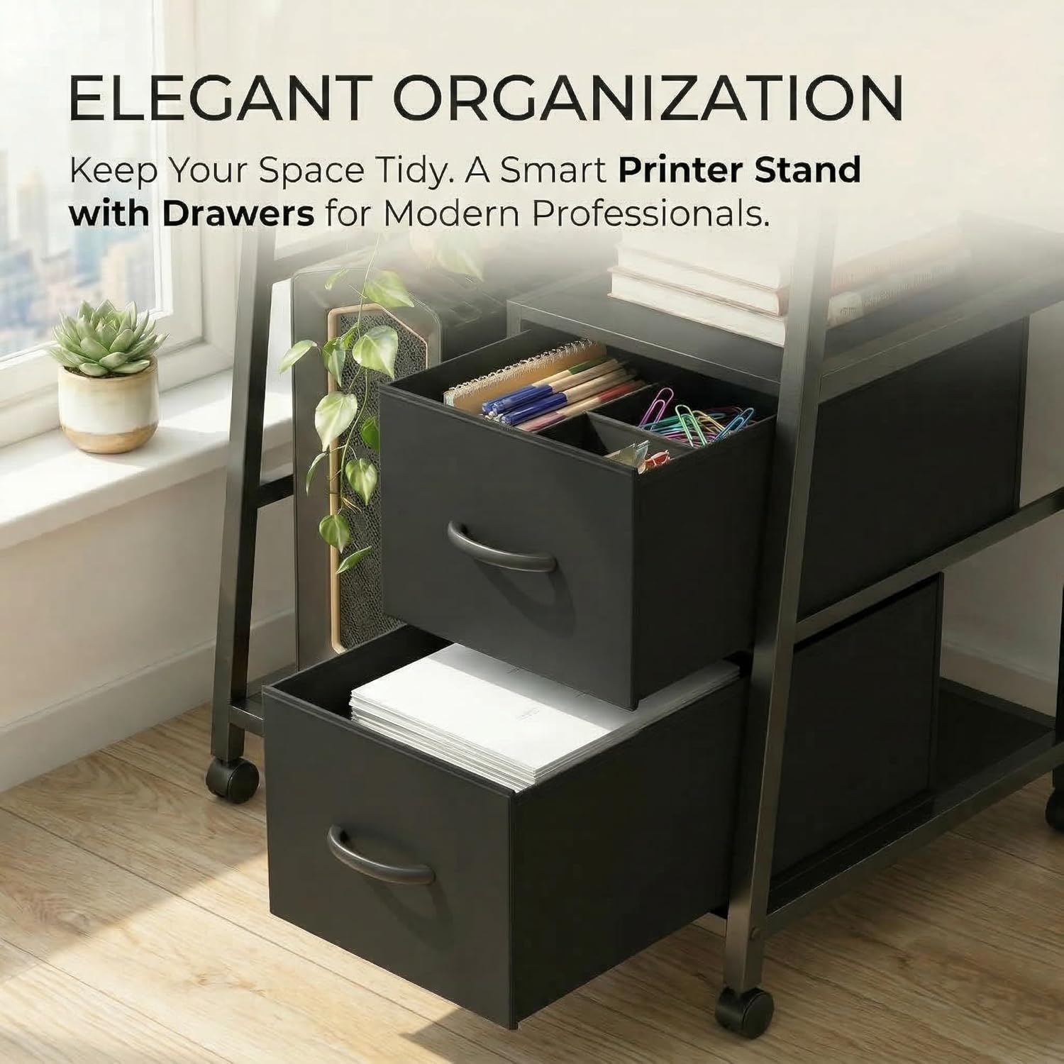 Printer Stand Featuring Fabric Drawers, Under Desk Host Computer Cabinet and Shredder Shelf, Heavy Duty Printer Stand with Storage Workstation Organization Printer Table for Home Office - Image 4