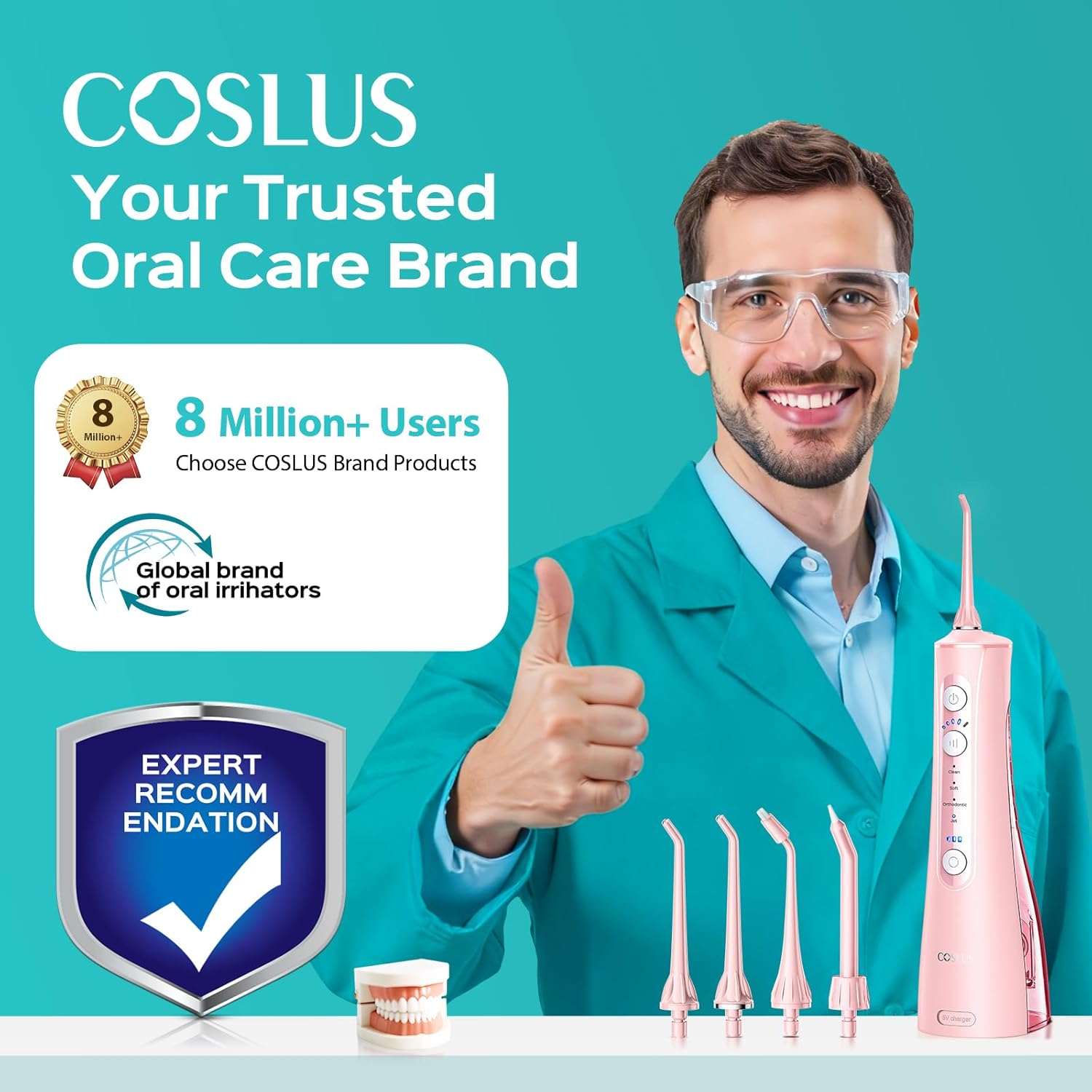 COSLUS C50 Portable Water Flosser for Teeth: 4 Modes & 5 Intensity Levels Professional Electric Dental Pick for Sensitive Gums, Braces & Orthodontic - Cordless for Travel Use, BPA-Free - Image 3