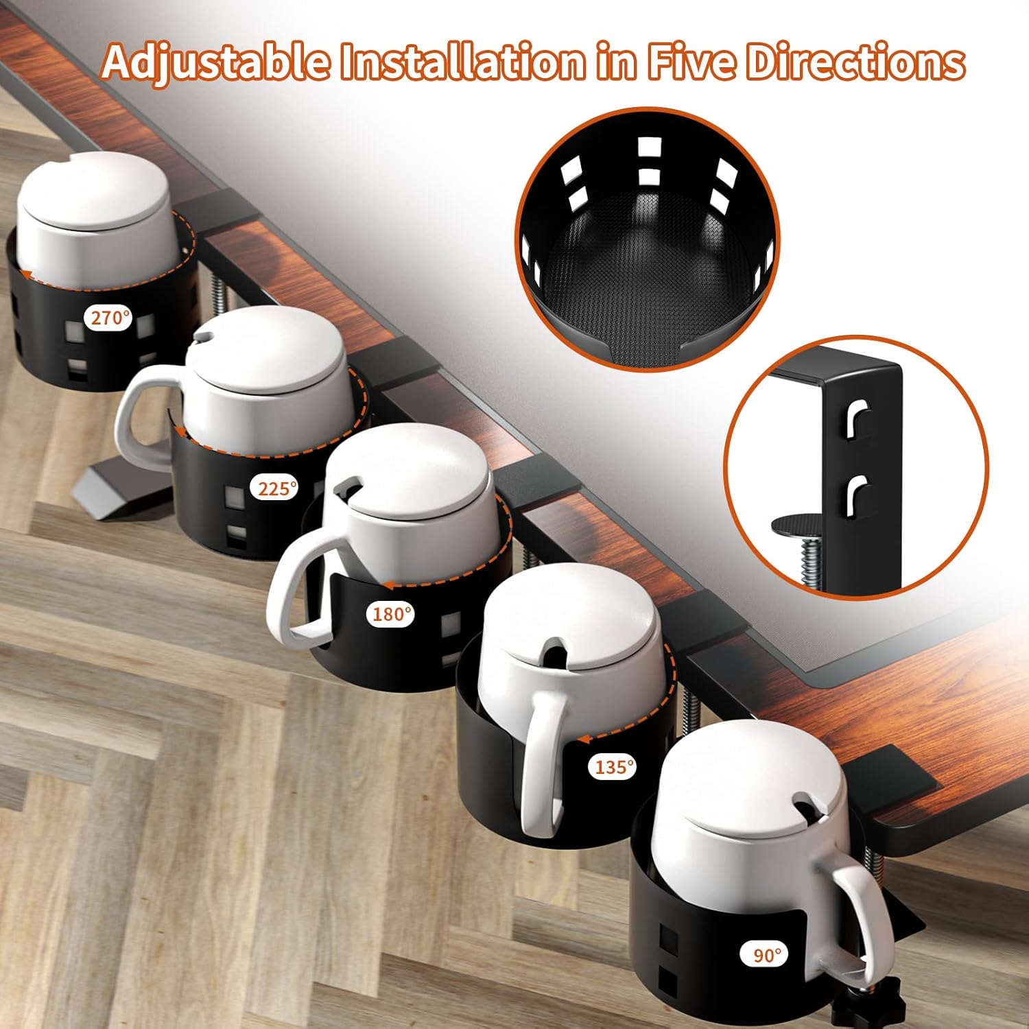 Upgraded Large Desk Cup Holder Clamp, OOKUU Anti-Spill Table Cup Holder, Metal Office & PC Gaming Desk Accessories, Compatible with Universal Cup, Bottles, Pencil Holder (Black) - Image 4