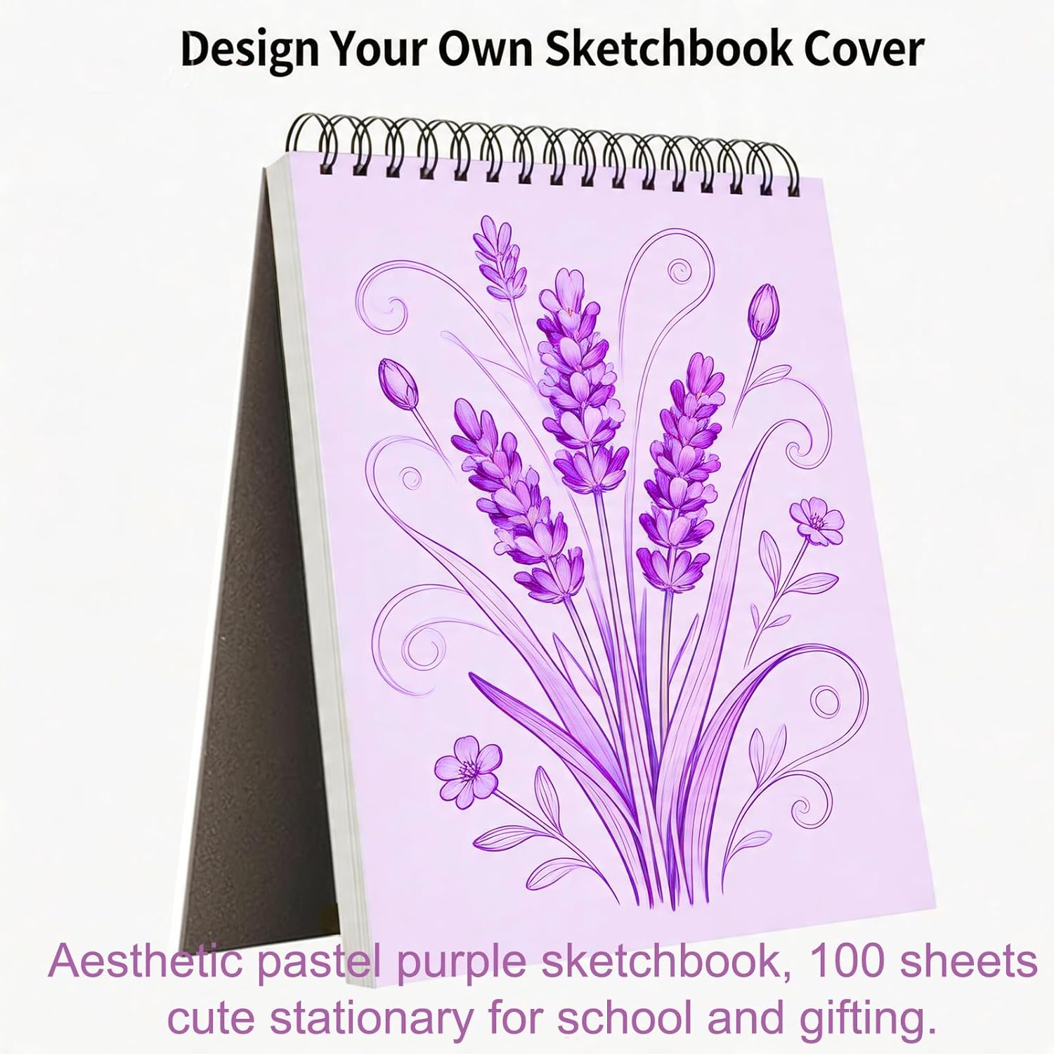 Soucolor 9" x 12" Aesthetic Sketch Book, 1-Pack 100 Sheets School Supplies Cute Sketchbook for Women, Japanese Stationary Sketching Supplies for Kids Teen Girl Gifts Birthday Gifts, Pastel Purple - Image 2