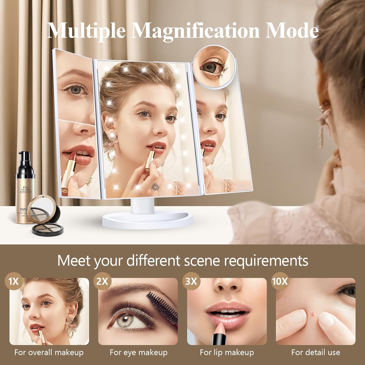 HUONUL Makeup Mirror, Vanity Mirror with Lights, 2X/3X/10X Magnification, Touch Control, Trifold, Dual Power Supply, Mothers Day, Birthday Gifts for Mom,Gifts for Women,Girls, Dorm Room Essentials - Image 2