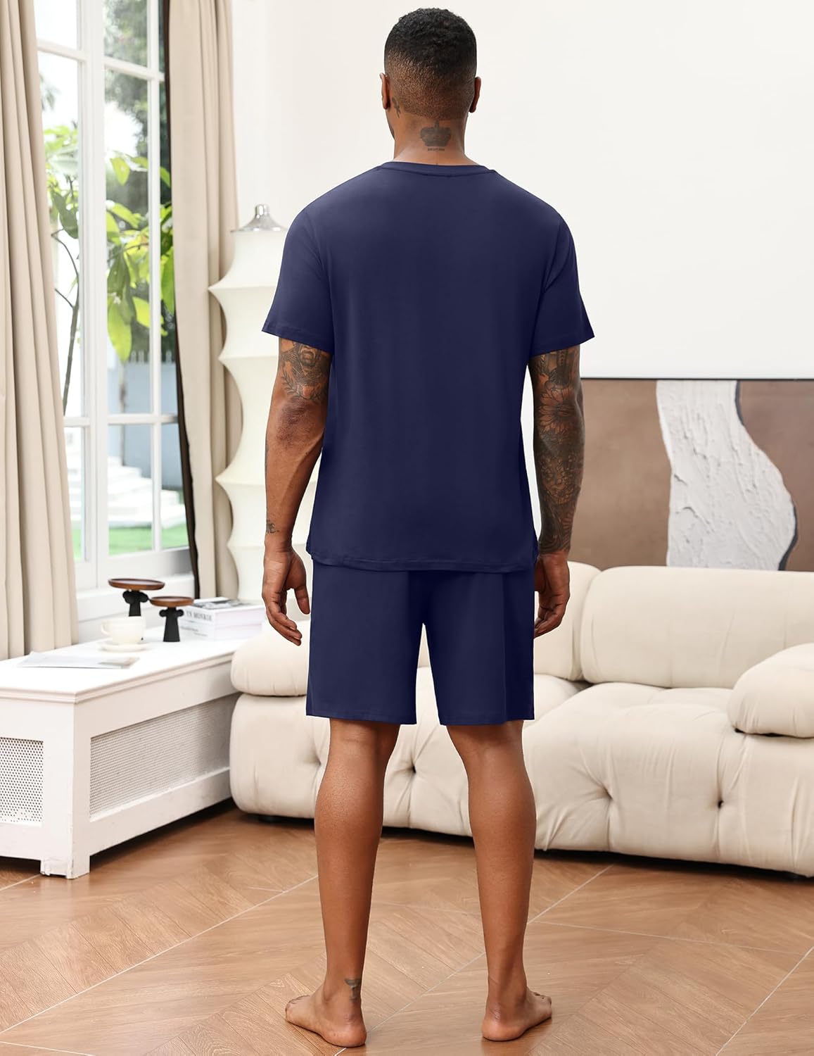 Ekouaer Mens Pajamas Set Soft Lounge Set V Neck Sleep Nightwear Short Sleeve Pjs with Pocket S-XXL - Image 2