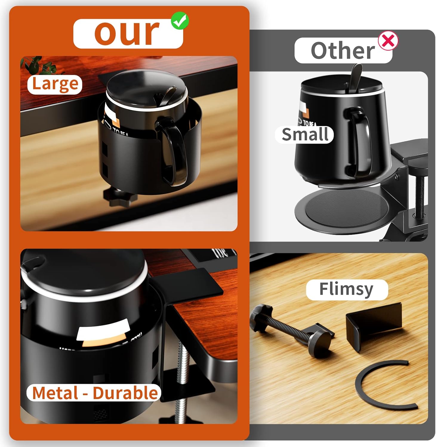 Upgraded Large Desk Cup Holder Clamp, OOKUU Anti-Spill Table Cup Holder, Metal Office & PC Gaming Desk Accessories, Compatible with Universal Cup, Bottles, Pencil Holder (Black) - Image 2