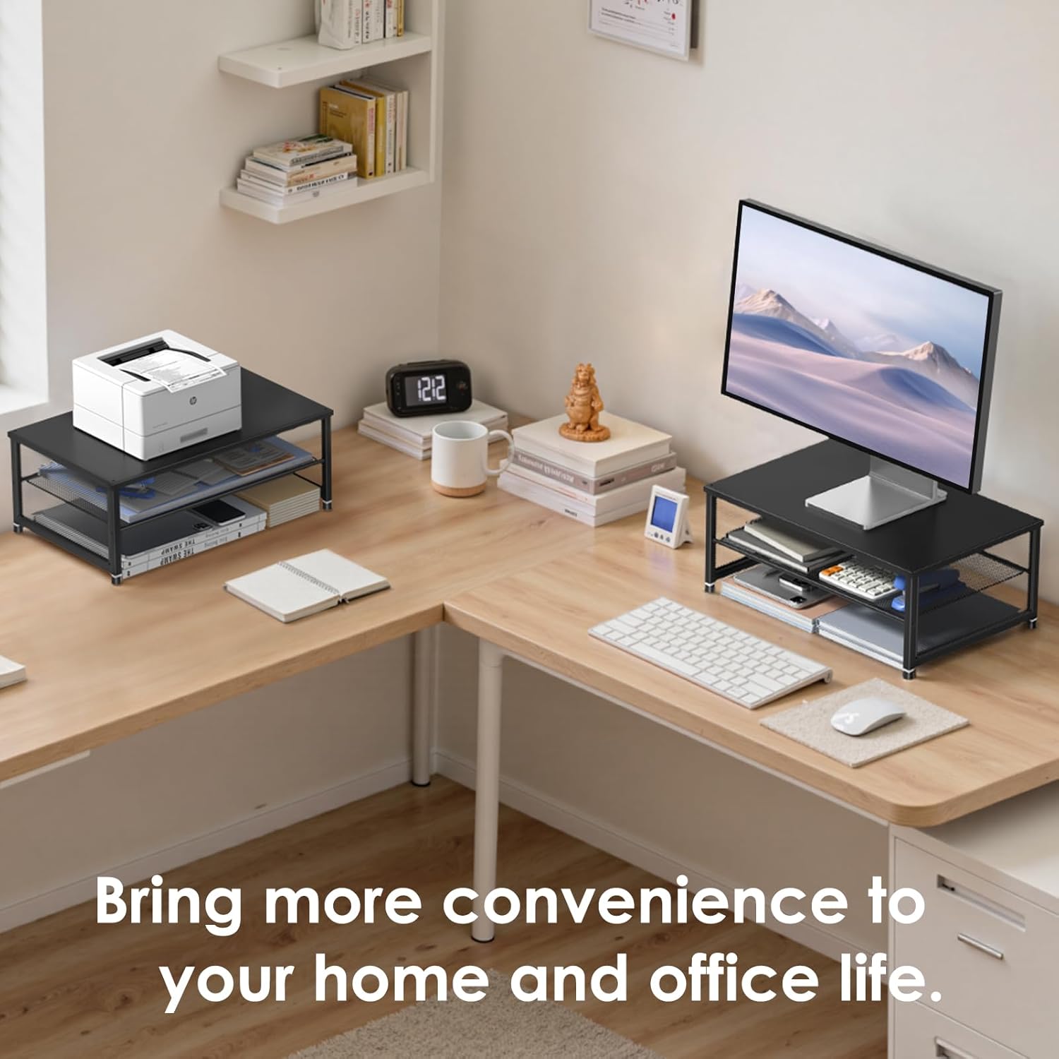 ECOLOVI 2-Tier Computer Monitor Stand Riser, Desk Organizer for Monitor, Printer & Laptop Stand, Desktop Workspace Organizers for Office Supplies(Black) - Image 5