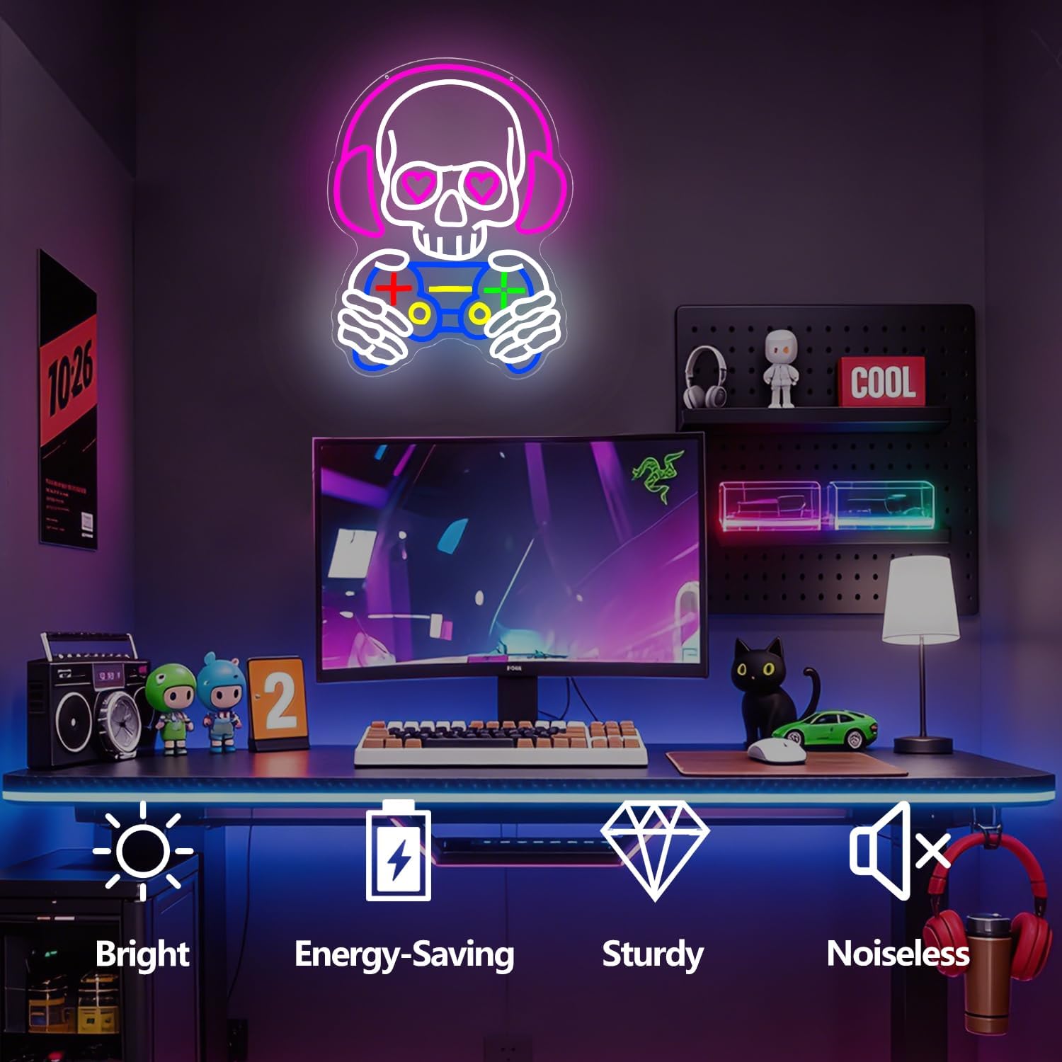 Skull Game Neon Sign Gaming Light Up Sign Dimmbale Skull Led Signs Skeleton Gamer Neon Lights for Man Cave Game Room Decor Gifts for Gamers Boys - Image 2