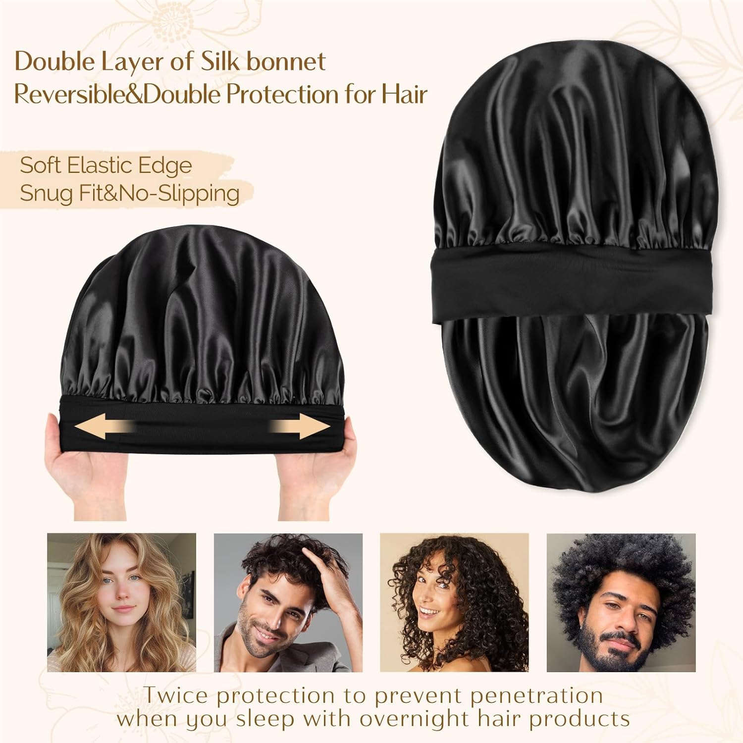 YANIBEST Silk Bonnet for Men Women Hair Bonnet for Sleeping Double Layer Satin Bonnet for Natural Curly Hair Unisex Sleep Cap - Image 3