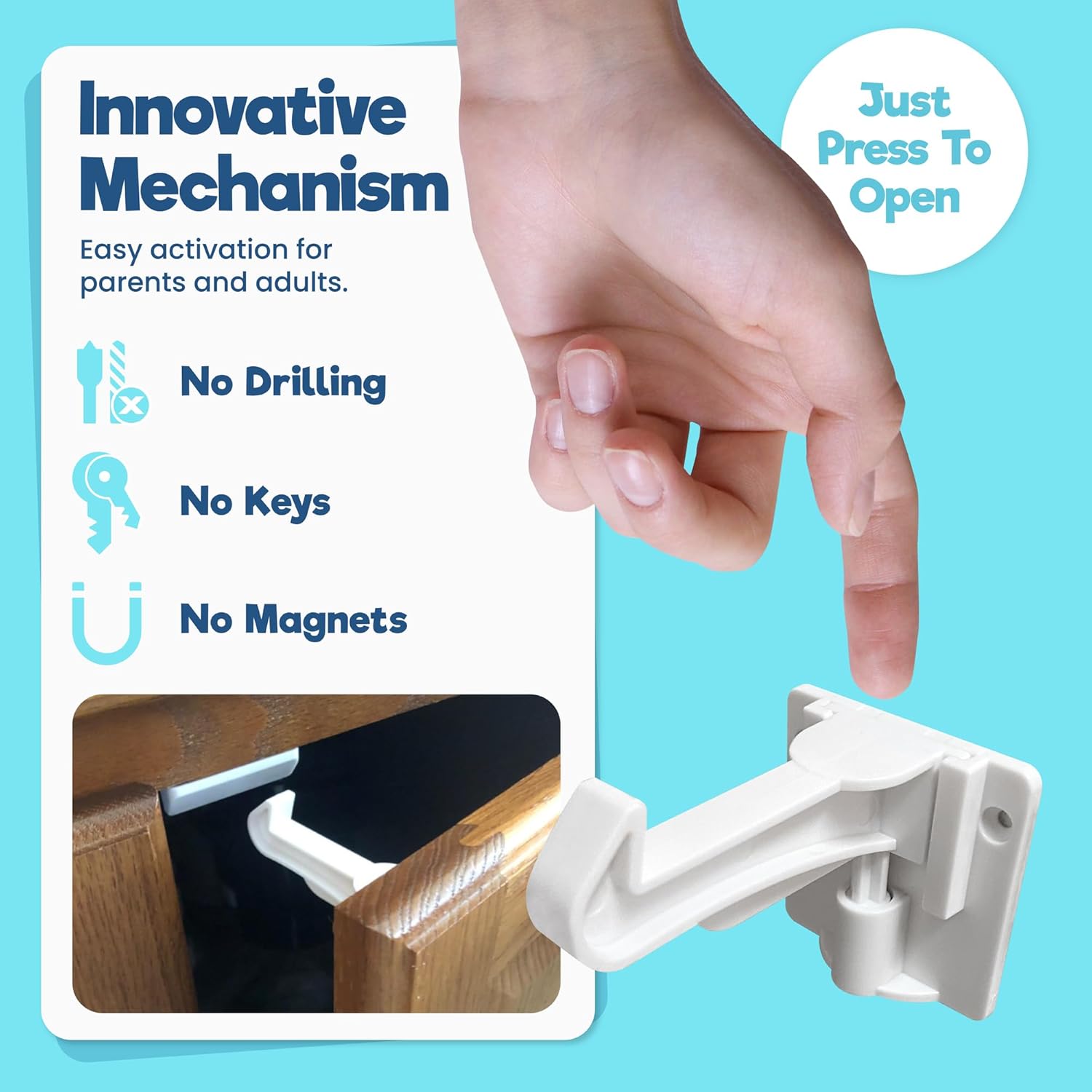 Upgraded Invisible Baby Proofing Cabinet Latch Locks (10 Pack) - No Drilling or Tools Required for Installation, Works with Most Cabinets and Drawers, Works with Countertop Overhangs, Highly Secure - Image 4