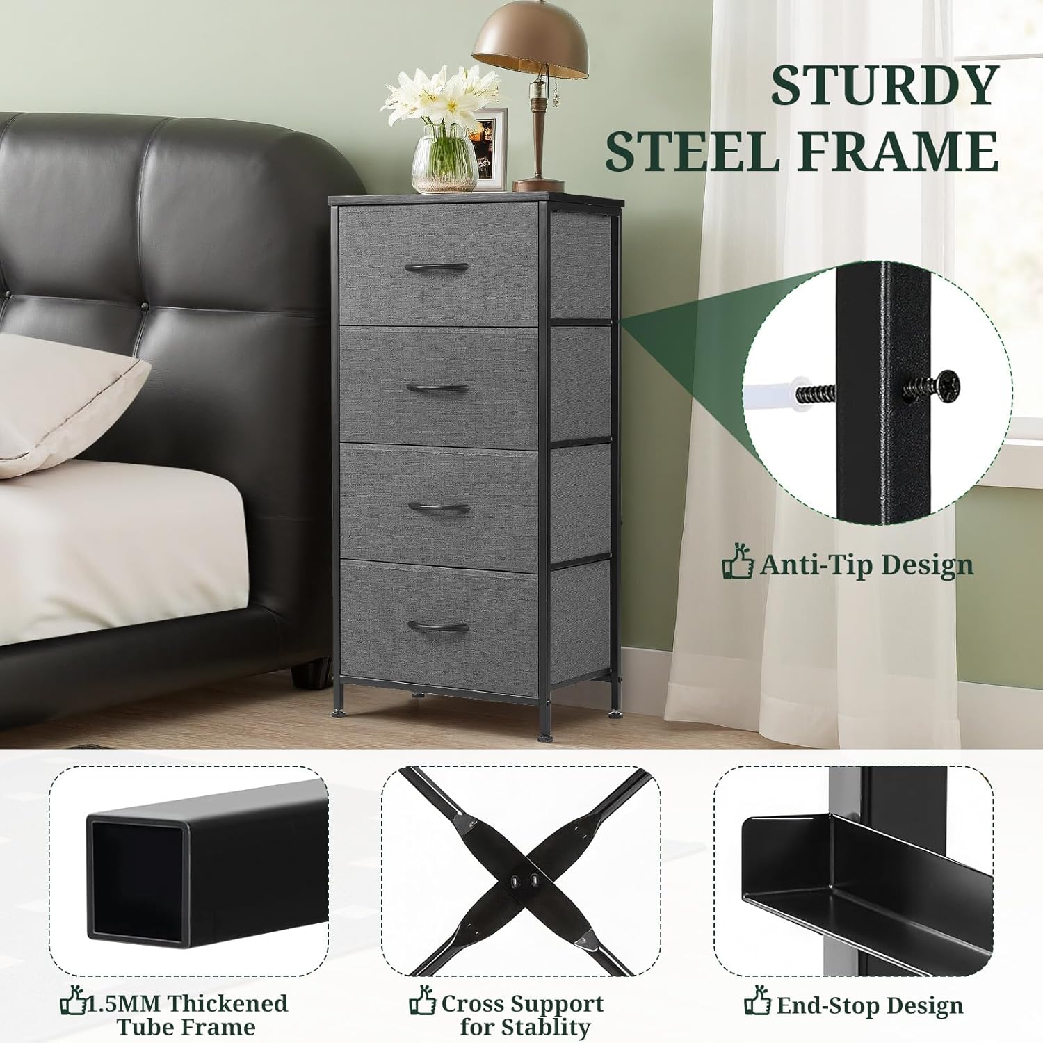 Nightstand, 4 Drawer Dresser End Table Bedside Furniture with Wooden Top Steel Frame Fabric Bins for Bedroom, Closet, Entryway, Dorm, Living Room, Gray - Image 4