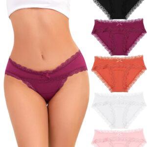 voenxe Women Bikini Underwear,Cotton Blend Lace Panties,Ladies Hipster Lacy Briefs,Soft Breathable Comfortable Stretch 5 Pack