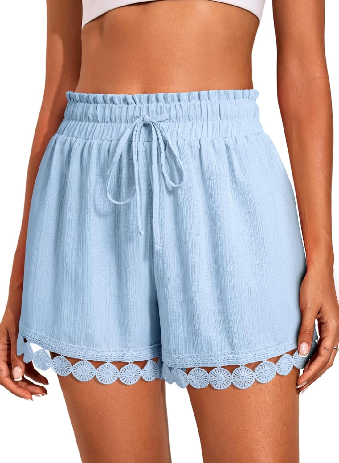 Dokotoo Womens Shorts Summer Casual Loose Elastic Waist Drawstring Lace Boho Beach Cover Up Shorts