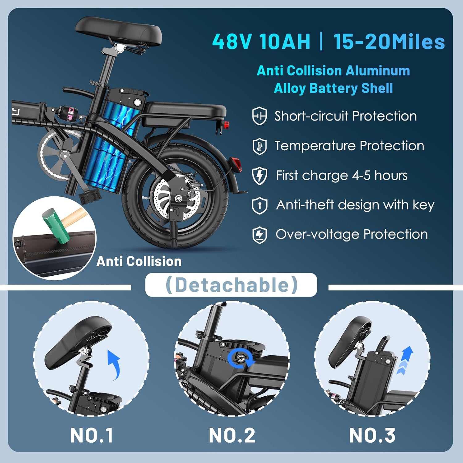 REOCRO Foldable Electric Bike for Adults, 48V 10AH/20AH Removable Battery, 14" Mini E-Bike with 700W Peak Motor, 30-60 Miles PAS Range, Electric Bicycle for Daily Commuting and City Riding - Image 5