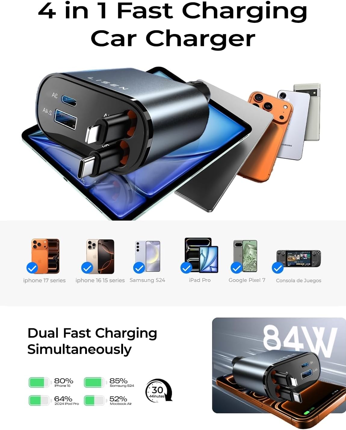 LISEN Retractable Car Charger, Gifts for Mothers Day 2026, 84W Car Charger USB C Fast Charge, Gifts for Mom Dad Him Her, Travel Essentials Car Accessories for Men Women Gifts for iPhone 17 16 15 14 13 - Image 7