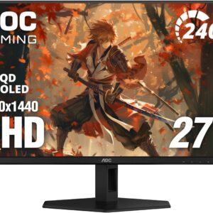 AOC 27″ QD OLED Gaming Monitor, QHD 2560×1440, 240Hz, 0.03ms GtG, G-SYNC Compatible, HDR Ready, DisplayPort, HDMI, VESA Mountable, Console Gaming Ready, Q27GAZD