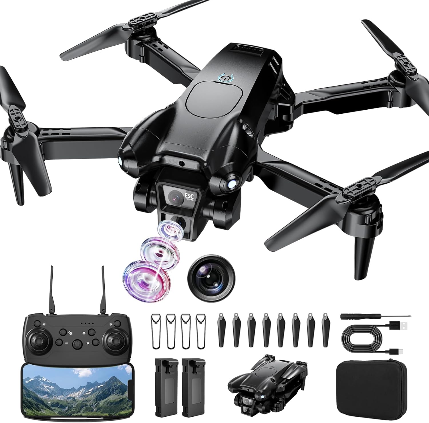 Drone with Camera 1080P HD,Mini Drone for Beginners Kids Adults,Foldable RC Quadcopter with Stable Hover,Trajectory Flight,One Key Take Off/Land,2 Batteries,Toys for Boys and Girls(Black)