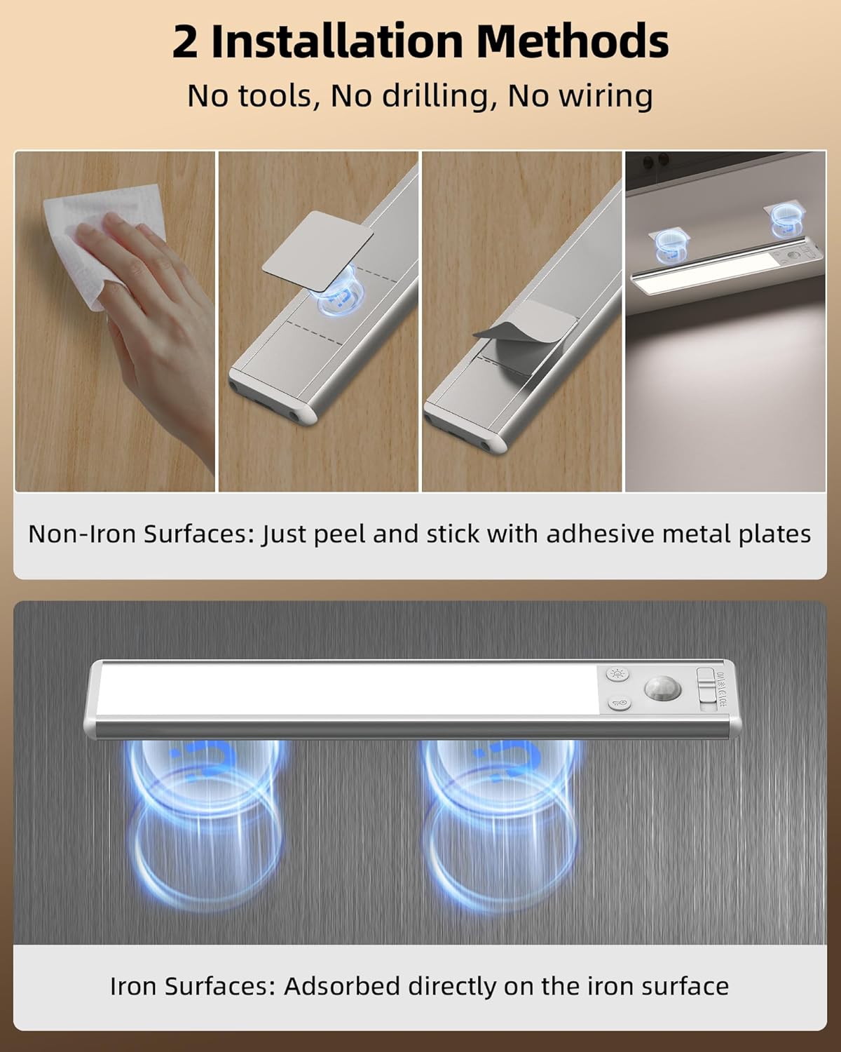 EZVALO 8" Under Cabinet Lighting, 2400mAh Rechargeable Motion Sensor Light Indoor, Mini & Slim Design, 3 Color Temps, Dimmable Magnetic Wireless Closet Lights for Kitchen, Pantry, Stairs (2 Pack) - Image 7