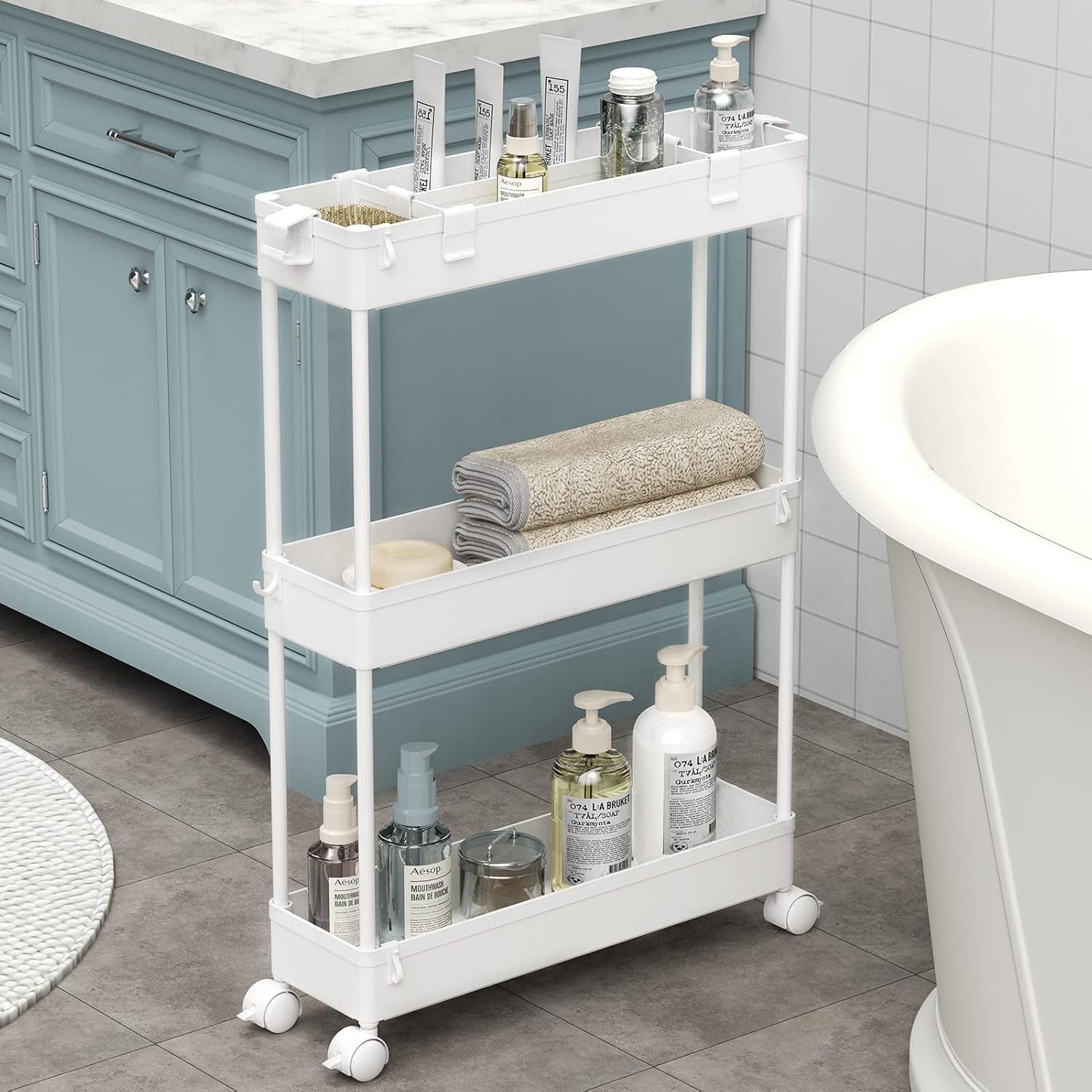 SPACELEAD Slim Storage Cart 3 Tier,Bathroom Organizer Rolling Utility, Mobile Shelving Unit Slide Out for Office, Kitchen, Laundry Room & Narrow Places,White