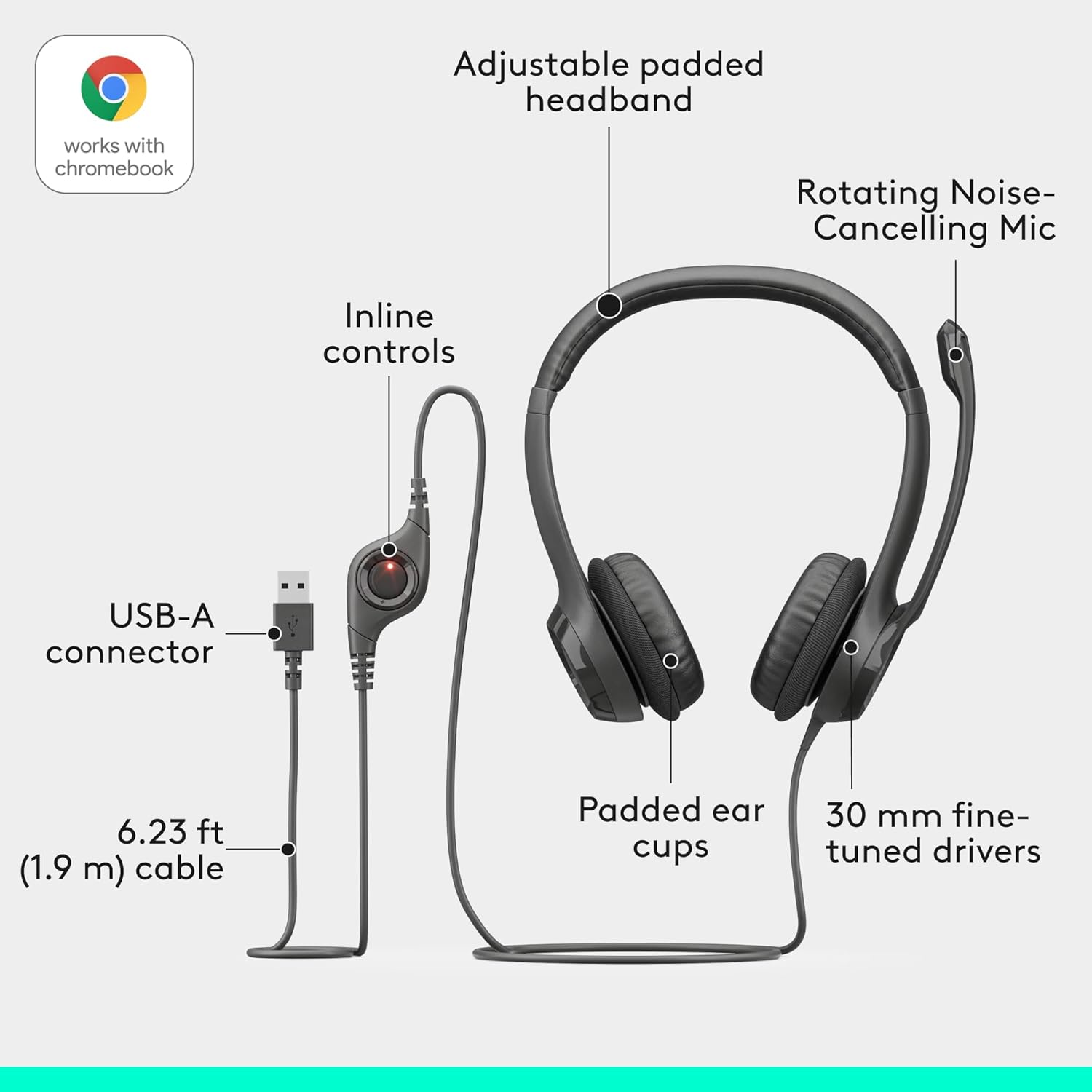 Logitech H390 Wired Headset for PC/Laptop, Stereo Headphones with Noise Cancelling Microphone, USB-A, in-Line Controls, Works with Chromebook - Black - Image 7