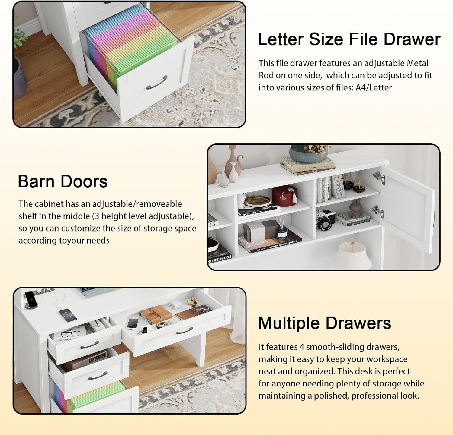 Halitaa Farmhouse 67" H Executive Desk with Hutch,Office Desk with 4 Drawers and LED Light, Wood Workstation for Home Office and Study, Computer Desk with File Drawers, Charging Station.Cream White - Image 4