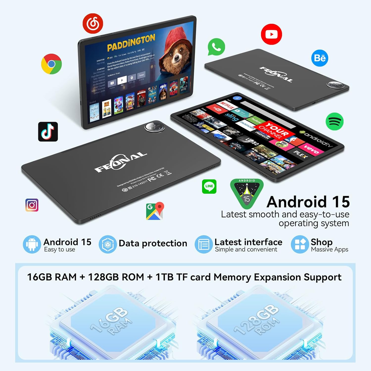 Tablet 11 inch Android 15 Tablet, 2025 Latest Update 128GB ROM 16GB RAM, 4G LTE Tableta, 5G WiFi+Cellular, Octa-Core MTK8786, 13+8 MP Rear and Front Camera,Incell FHD Screen, T-Mobile SIM Card Support - Image 3