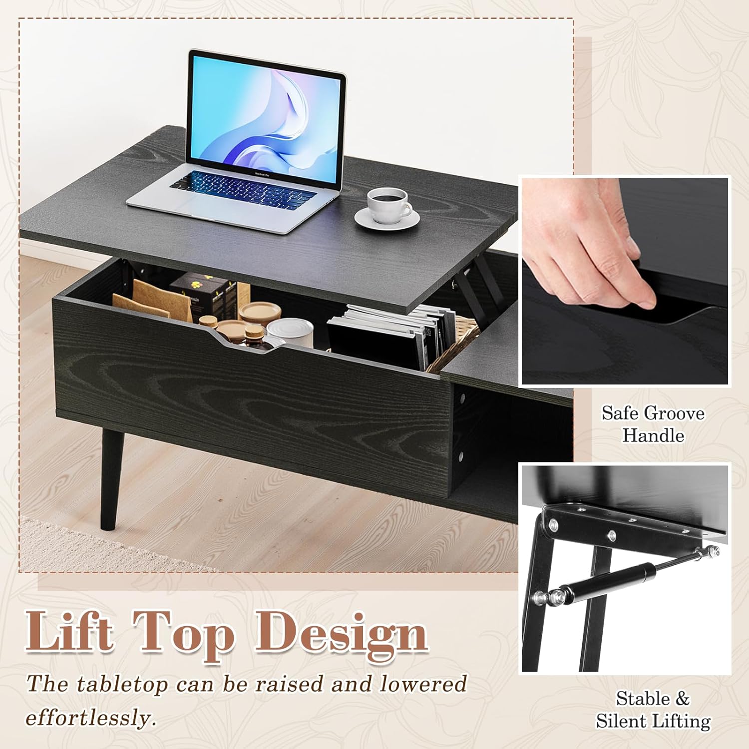 OLIXIS Wood Lift Top Coffee Table with Hidden Compartment and Large Storage Shelf, Lift Tabletop Dining Center Table for Home Living Room Office, Black - Image 2