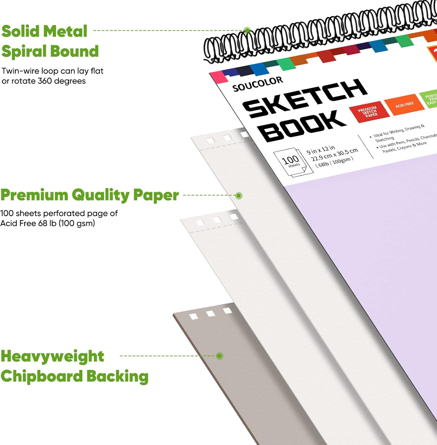 Soucolor 9" x 12" Aesthetic Sketch Book, 1-Pack 100 Sheets School Supplies Cute Sketchbook for Women, Japanese Stationary Sketching Supplies for Kids Teen Girl Gifts Birthday Gifts, Pastel Purple - Image 3