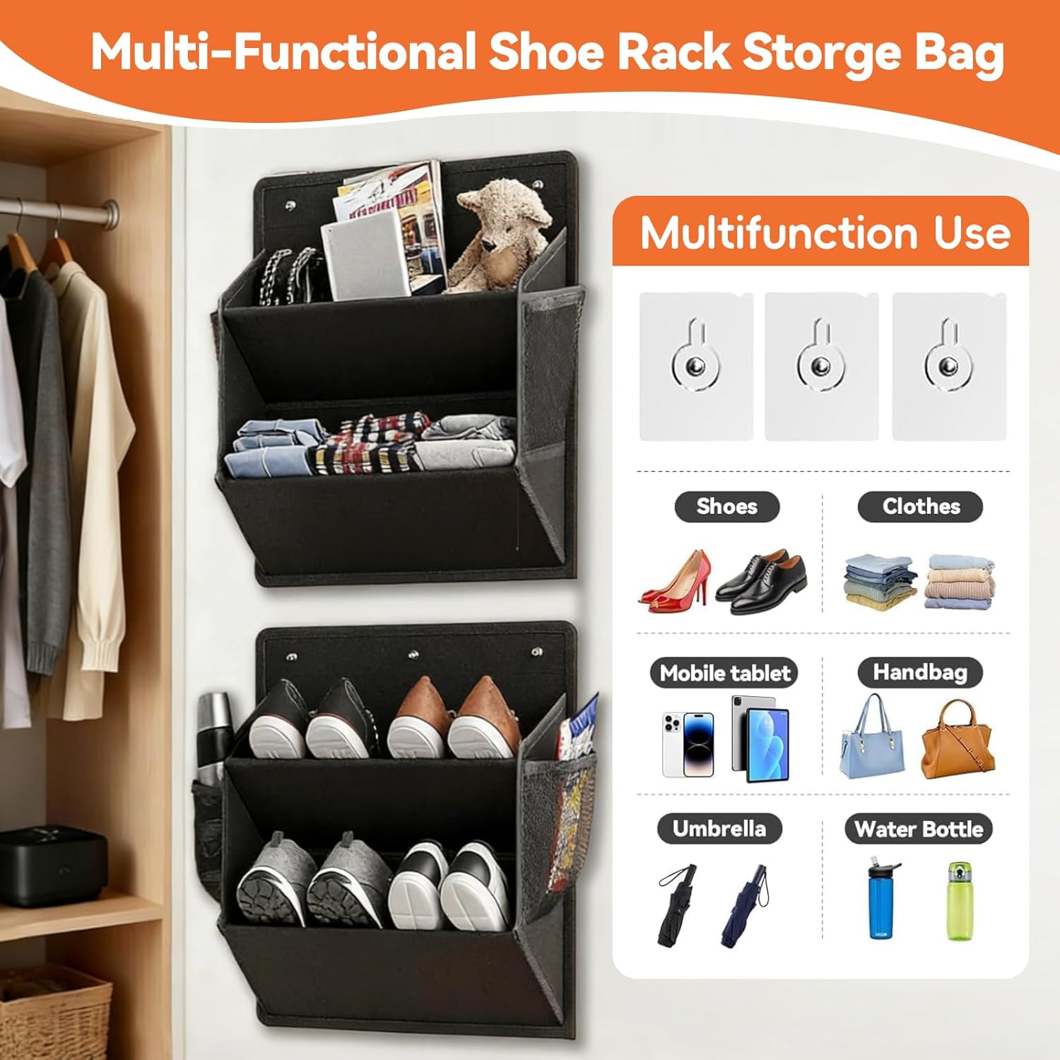 2 Pack RV Shoe Storage Organizer, Over the Door/Wall Hanging Shoe Rack with Sticky Adhesive, Large Deep Pockets for Narrow Space, Closet Camper Storage Black - Image 2