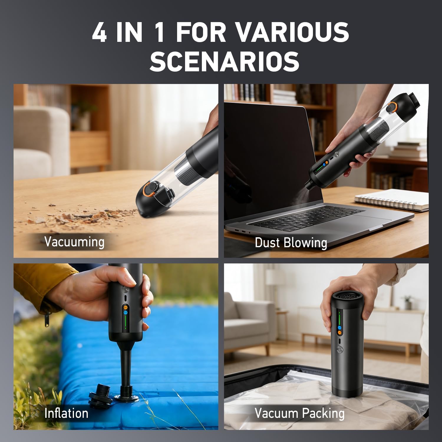 Car Vacuum Portable Cordless,18000Pa 4in1 Portable Handheld Cleaner Vacuum &Air Duster 2 Suction Modes Power Blowing&Inflating, Brushless Motor Vacuum with Multi Nozzles for Car,Keyboards, Office,Pet - Image 3