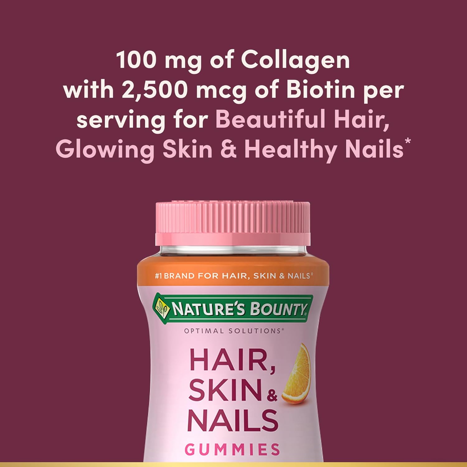 Nature's Bounty Optimal Solutions Hair, Skin & Nails with Biotin and Collagen, Citrus-Flavored Gummies Vitamin Supplement, 2500 mcg, 80 Ct, 40 Total Servings - Image 3