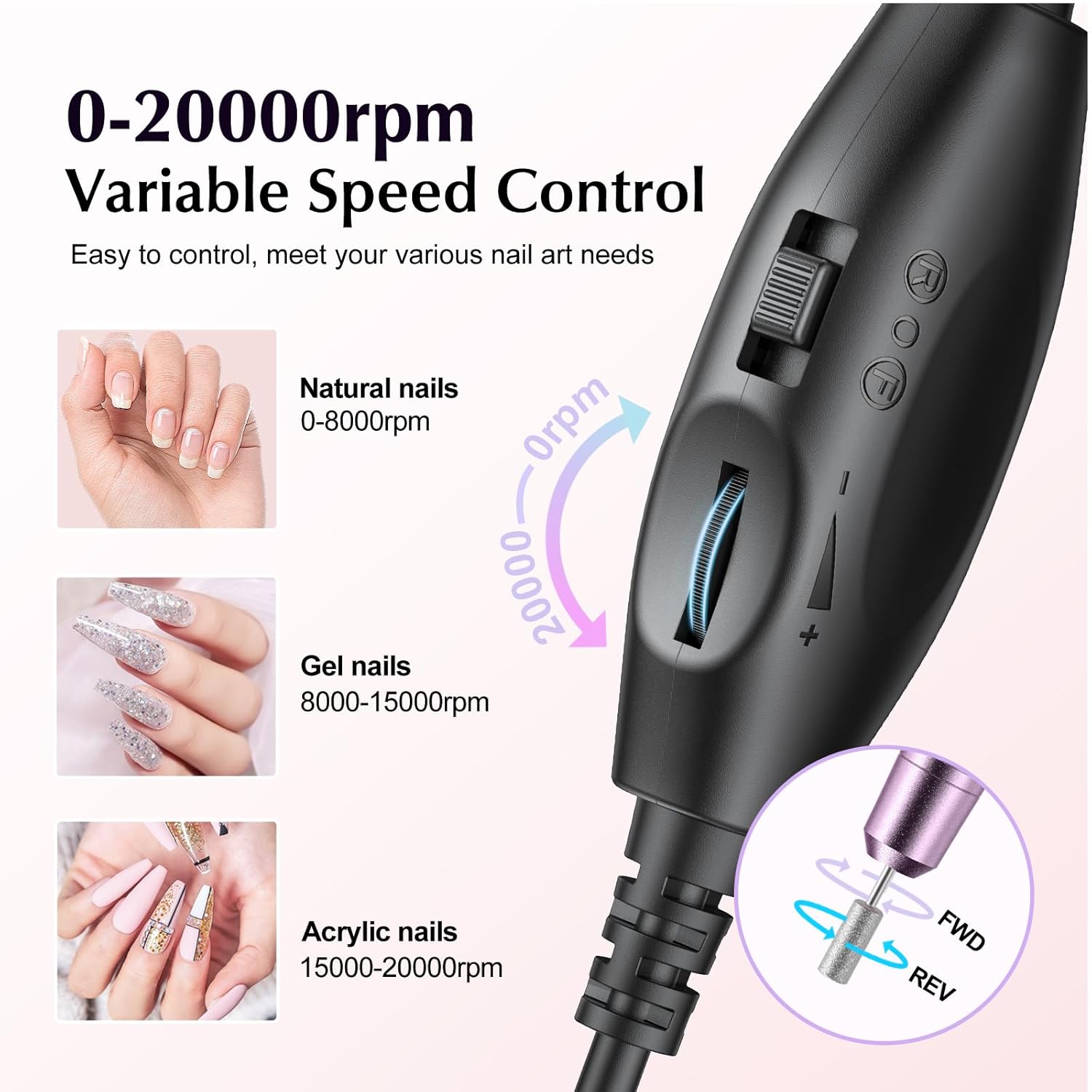 COSLUS C40 Electric Nail Drill File Professional: for Acrylic Gel Dip Powder Nails Portable Nail Machine Kit Manicure Pedicure Tools Polishing Set with Nail Drill Bits Sanding Bands - Image 8