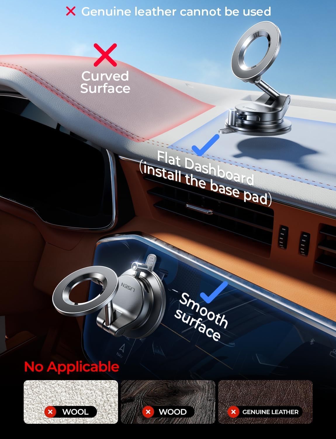 LISEN for Magsafe Car Mount, Magnetic Phone Holders for Your Car, Vacuum Phone Mount for Car Accessories for Women Men Jeep BMW, SuctionPro Gifts Kits, for iPhone 17 Pro Max 16 15 14 13 12 - Image 8