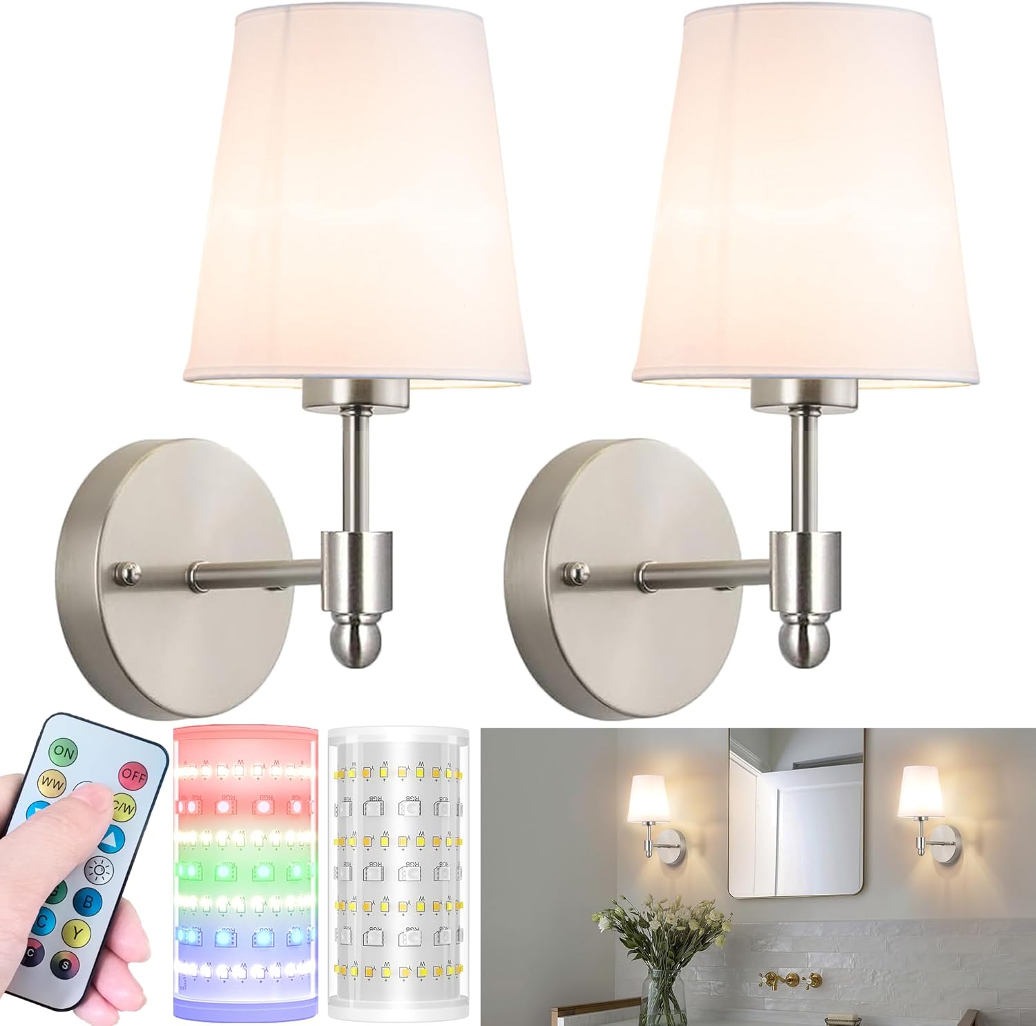 Battery Operated Wall Sconces Set Of 2, Wireless Battery Wall Light With 10000mAh RGB Rechargeable Magnetic Bulb, Rechargeable Wall Sconce With Remote Control For Bedroom, No Electrician Required