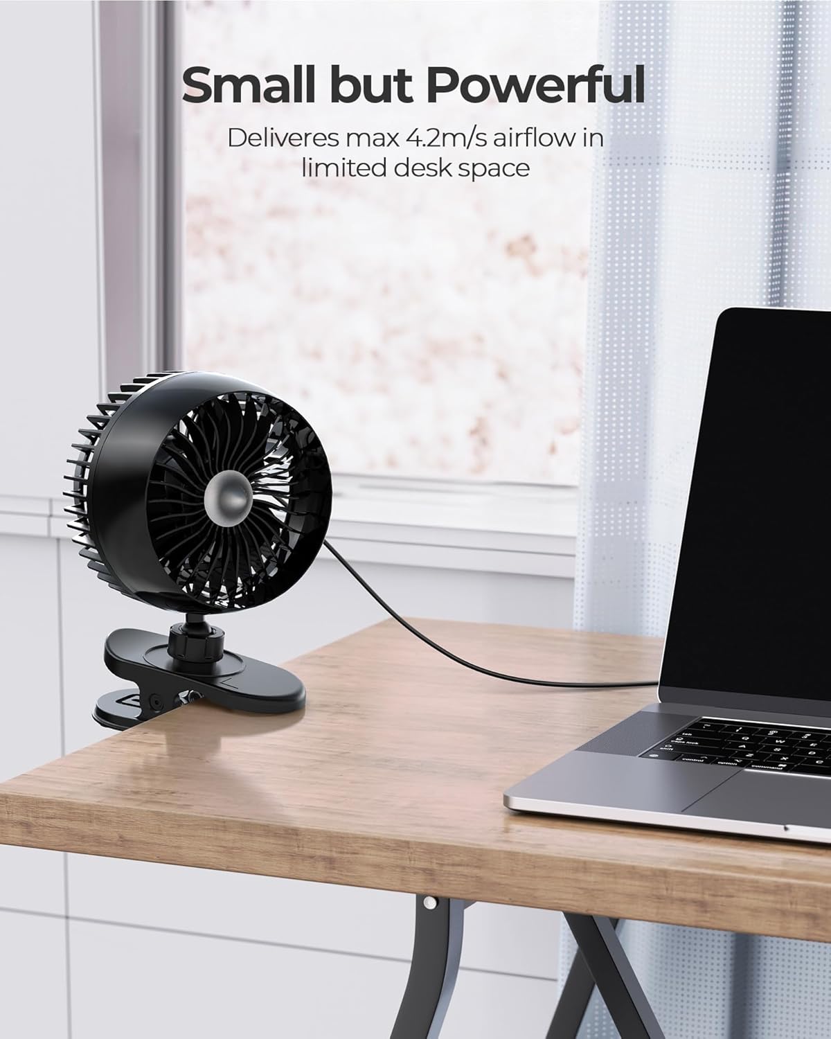 Koonie USB Clip on Fan, Strong Wind Ultra Quiet Small Desk Fan with Strong Clamp, More Than 360° Adjustable, 3 Speeds USB-C Corded Powered, Mini Personal Fan for Home Office Desktop Black - Image 2