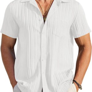 COOFANDY Men’s Casual Button Down Shirts Short Sleeve Textured Summer Beach Shirt with Pocket