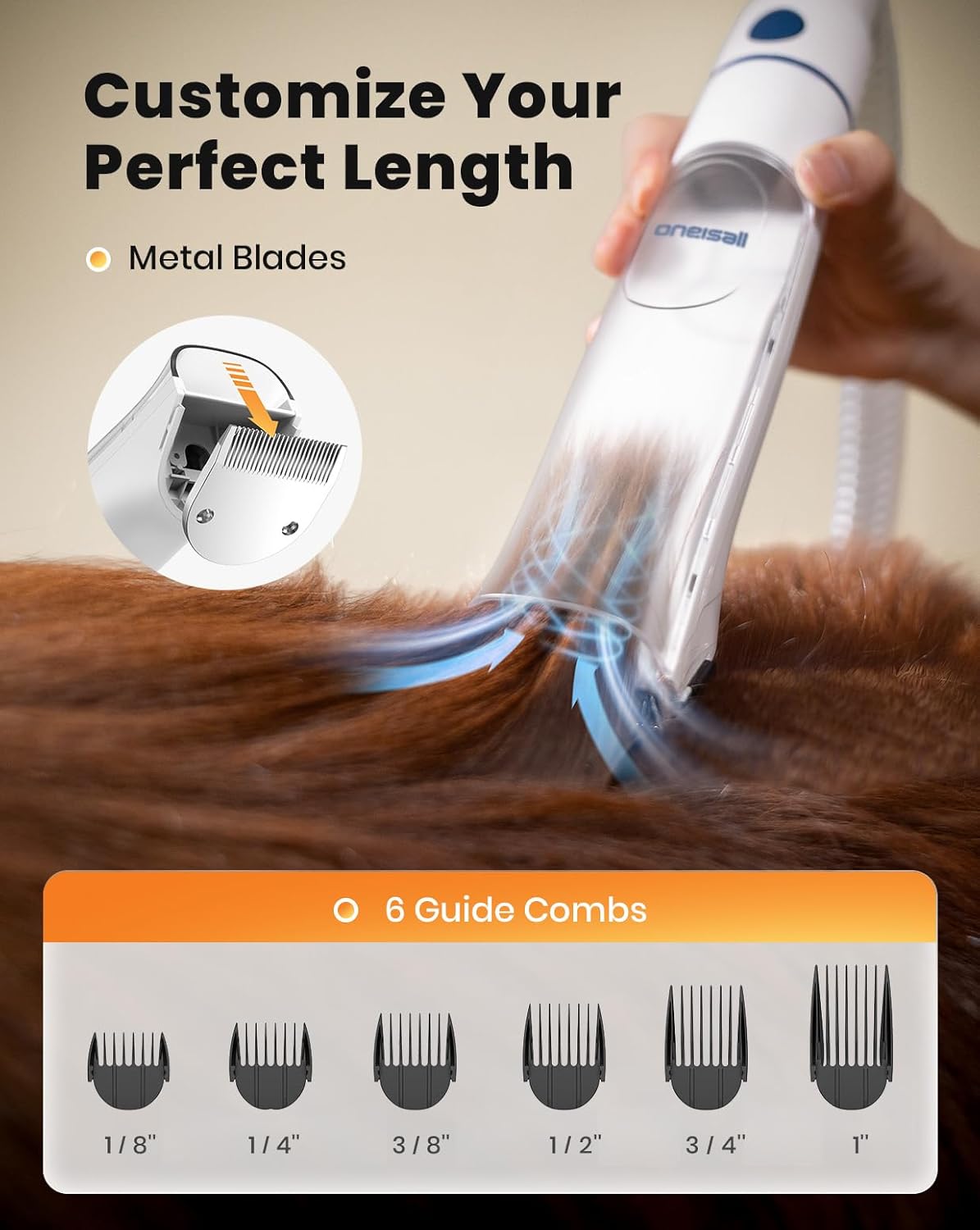 oneisall Dog Vacuum & Dryer for Shedding Grooming, 8 in 1 Dog Grooming Kit with Metal Blade Pet Clippers, Adjustable Speed and Temperature Control Blower - Image 4