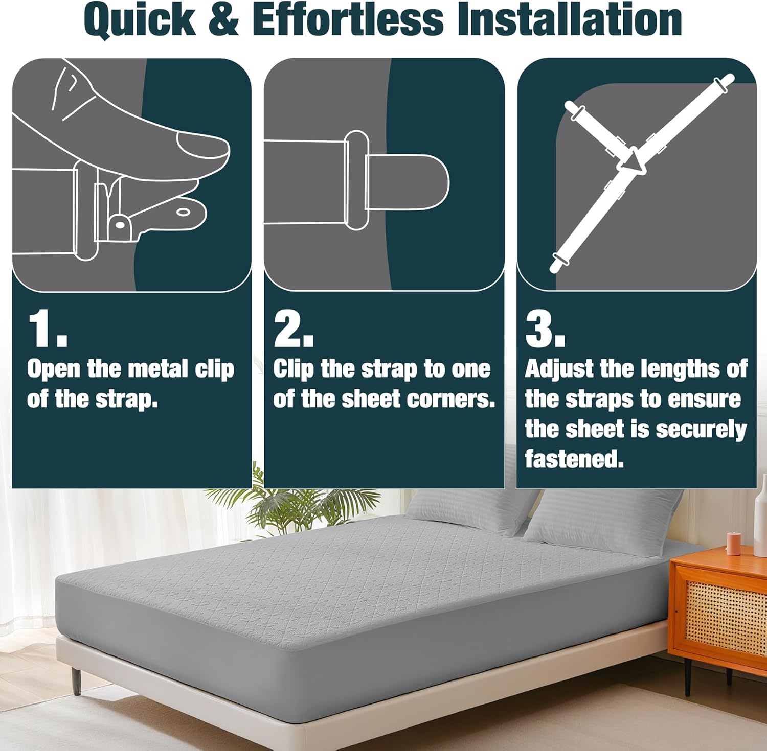 4 Pack Adjustable Elastic Straps with Metal Clips, Bed Sheet Fasteners in Assorted Four Sizes, Bedding Suspenders for Mattress Covers, Bed Corner Holders and Keepers (White) - Image 3