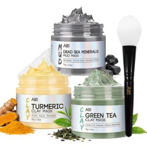 ANAI RUI 3 Pcs Face Mask Set – Turmeric Clay Mask – Green Tea Face Mask – Dead Sea Mud Mask for Oily Skin, Blackheads & Pores -Spa Gift Set Self Care for Women Teens 2.5 oz Each