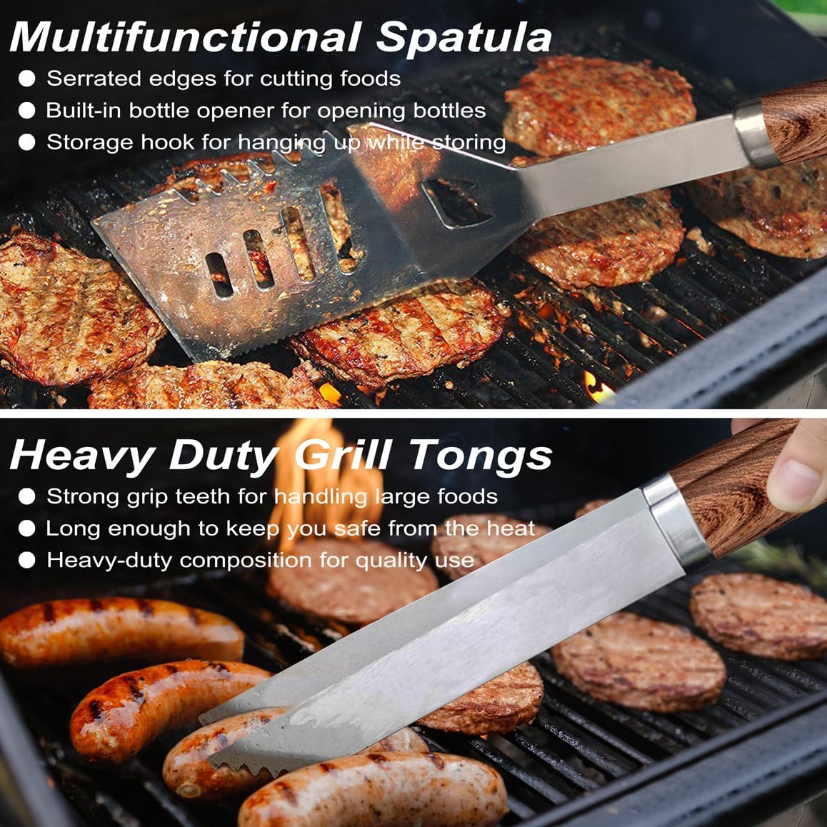 POLIGO 22PCS Heavy Duty BBQ Grill Accessories Set, Non-Slip Grill Tools for Outdoor Grill Set Stainless Steel Grill Utensils Set, Deluxe Grilling Tools Set in Aluminum Case Ideal Gifts for Men Brown - Image 4