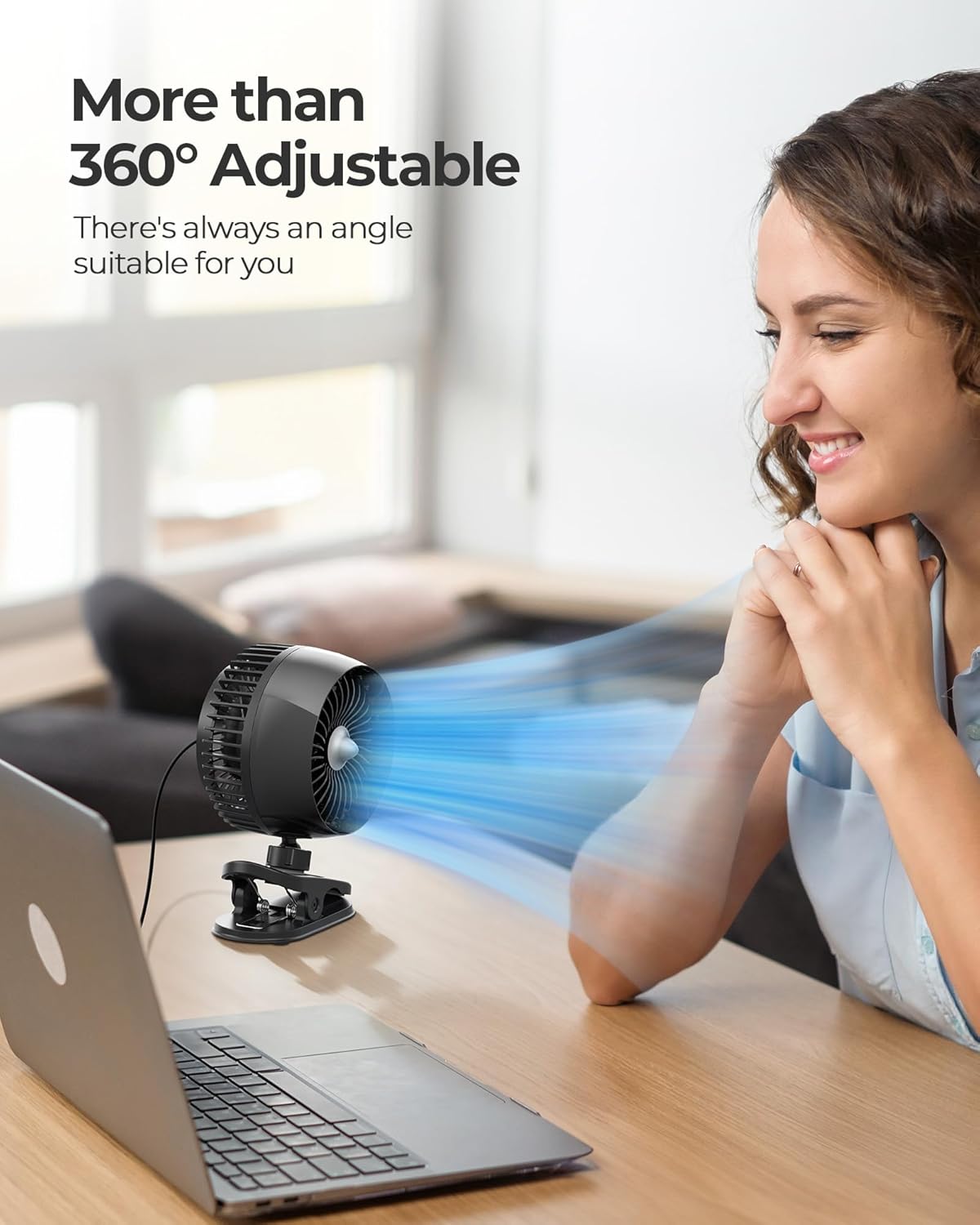 Koonie USB Clip on Fan, Strong Wind Ultra Quiet Small Desk Fan with Strong Clamp, More Than 360° Adjustable, 3 Speeds USB-C Corded Powered, Mini Personal Fan for Home Office Desktop Black - Image 5