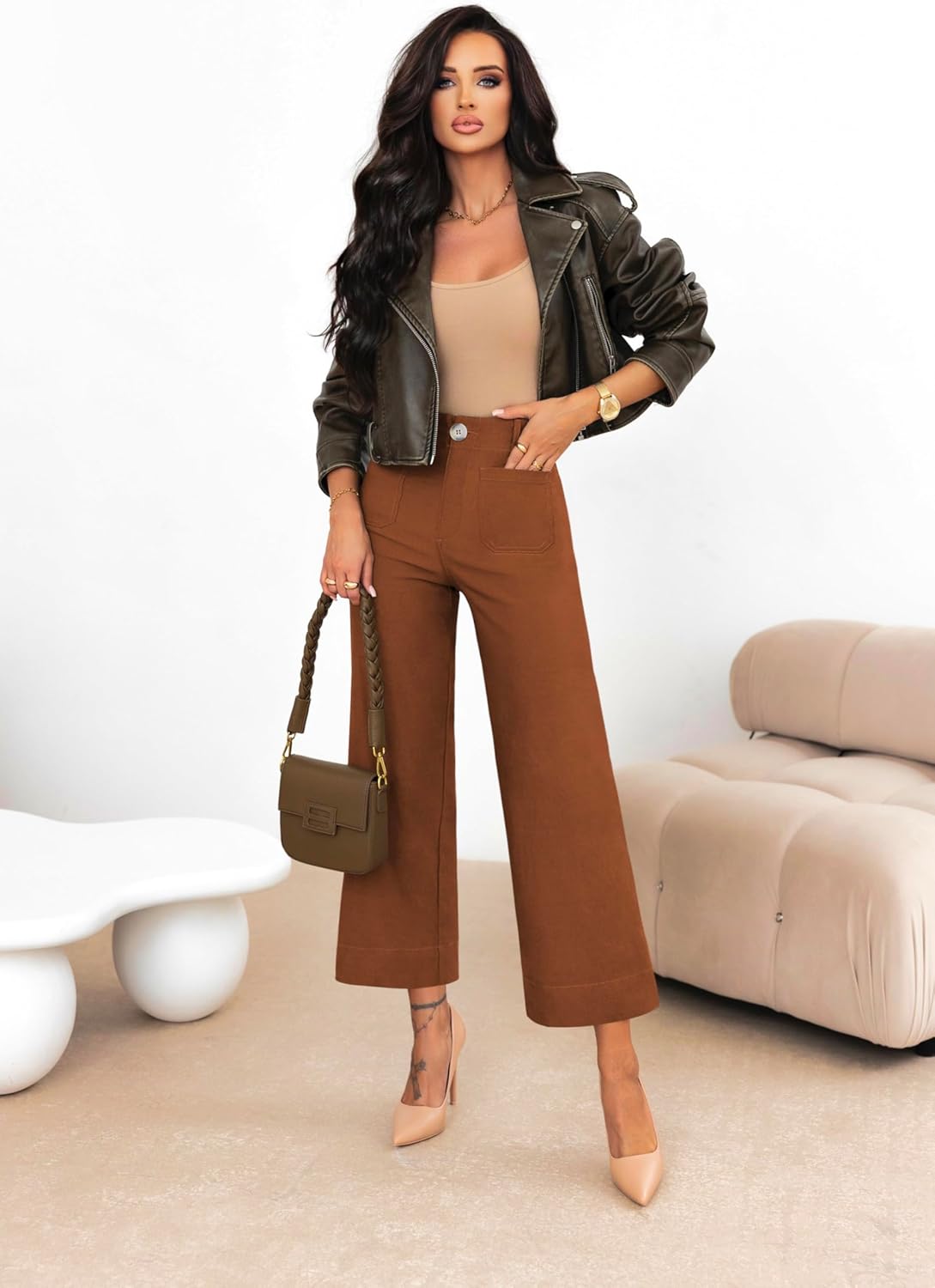 miduo Womens High Waisted Cropped Wide Leg Stretchy Straight Pants Trousers with Pockets - Image 4