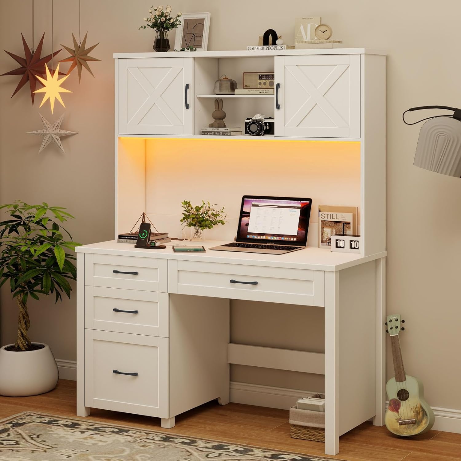 Halitaa Farmhouse 67" H Executive Desk with Hutch,Office Desk with 4 Drawers and LED Light, Wood Workstation for Home Office and Study, Computer Desk with File Drawers, Charging Station.Cream White - Image 7